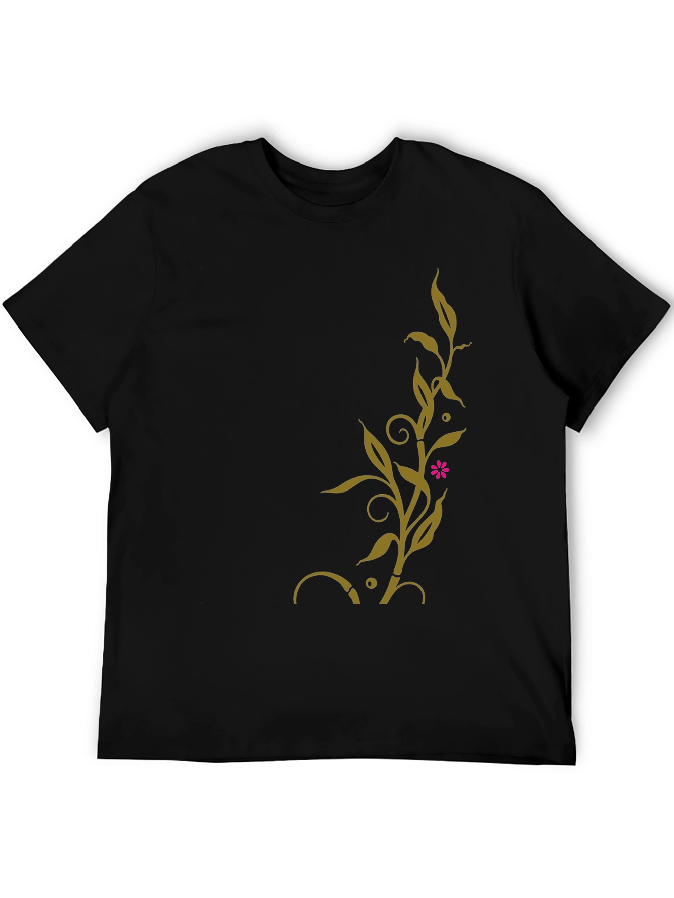 Black T-Shirt with Golden Floral Vine Design