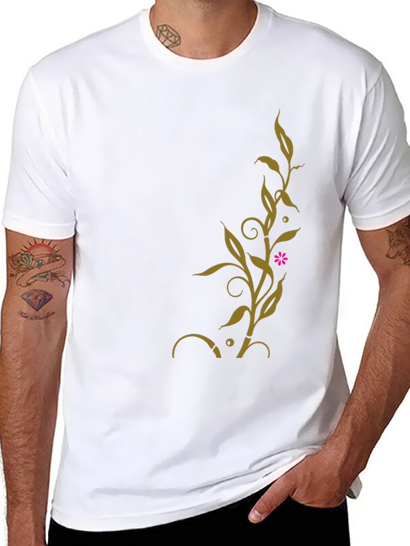 Black T-Shirt with Golden Floral Vine Design