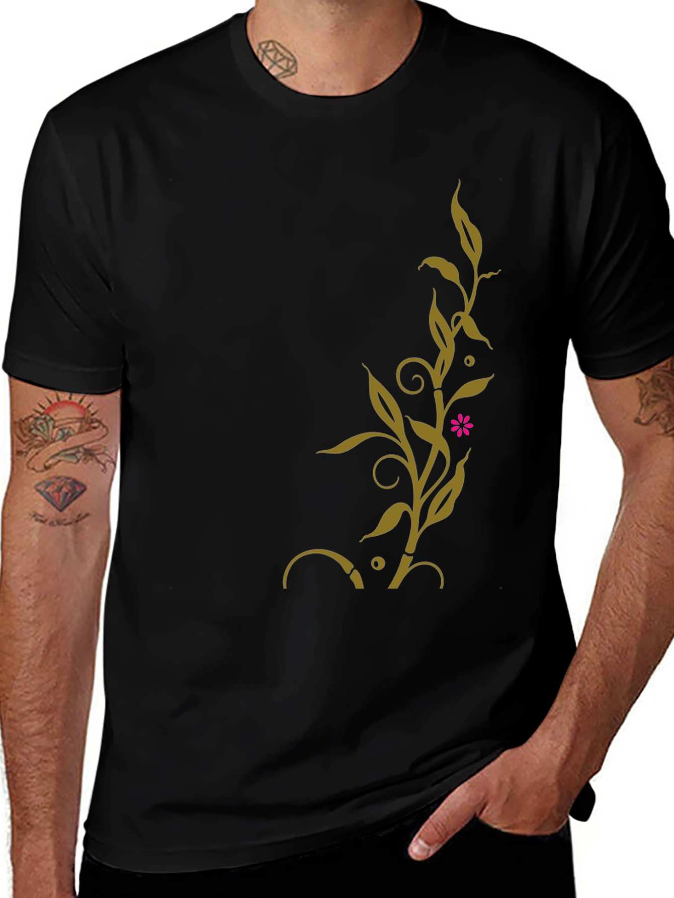 Black T-Shirt with Golden Floral Vine Design