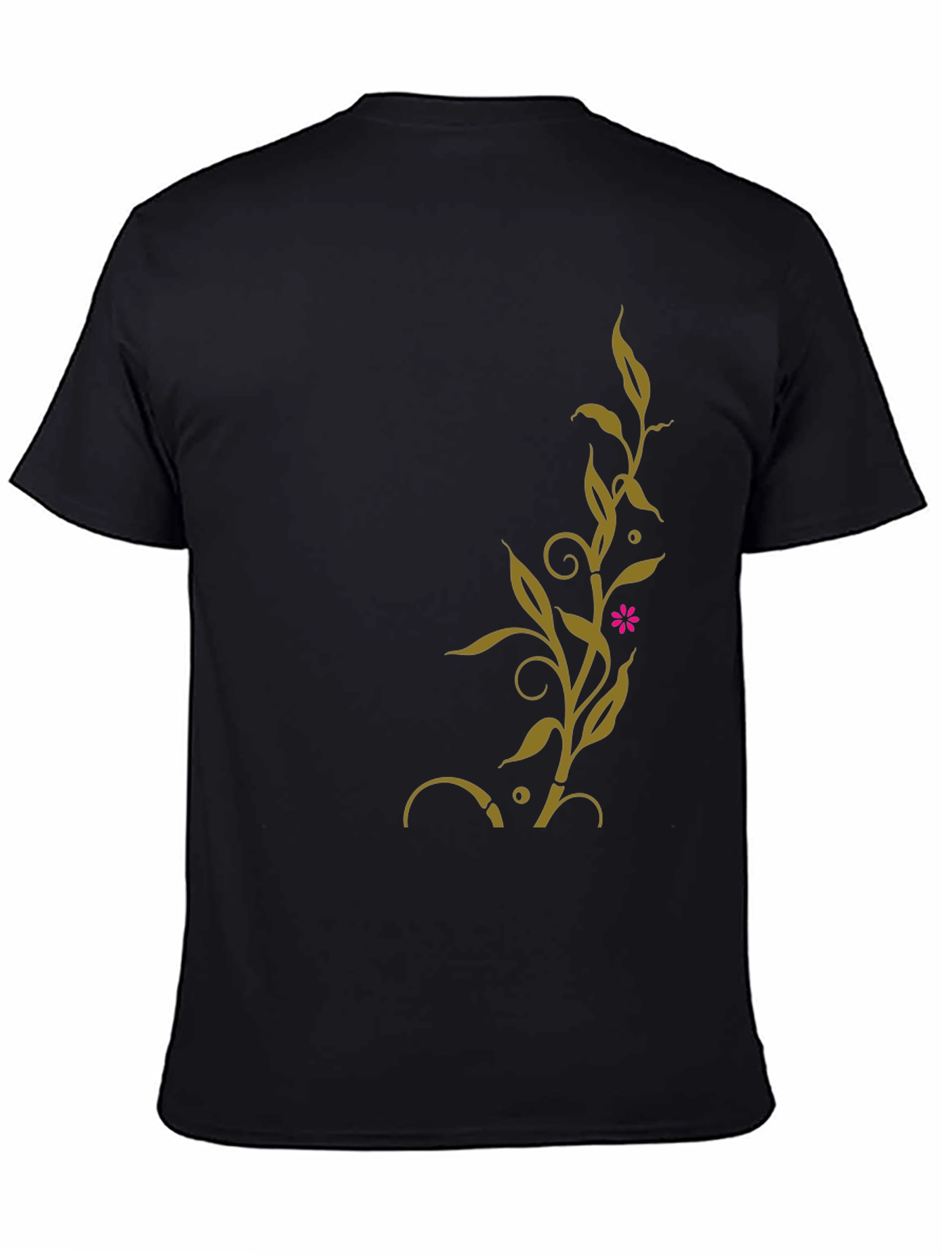 Black T-Shirt with Golden Floral Vine Design