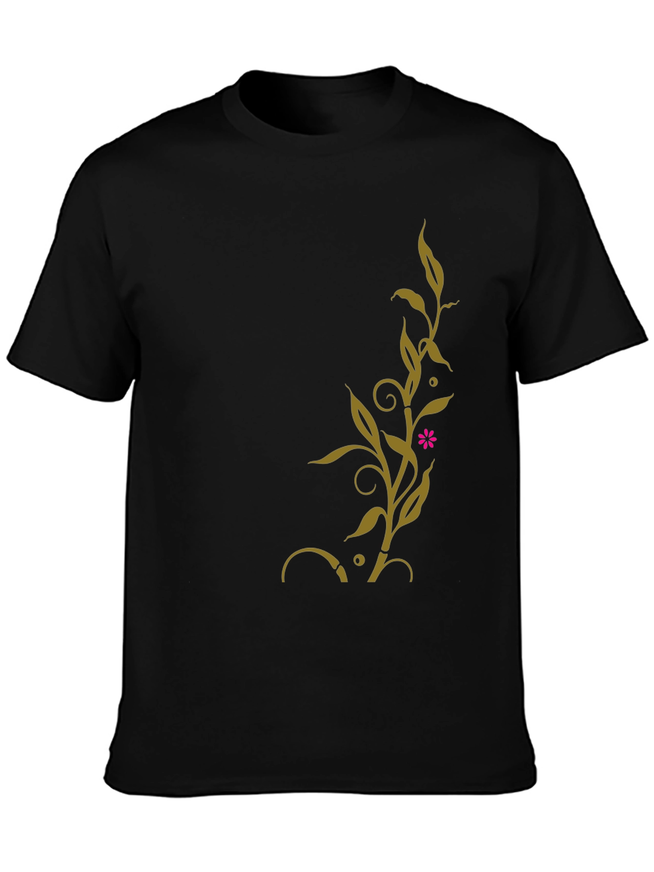 Black T-Shirt with Golden Floral Vine Design