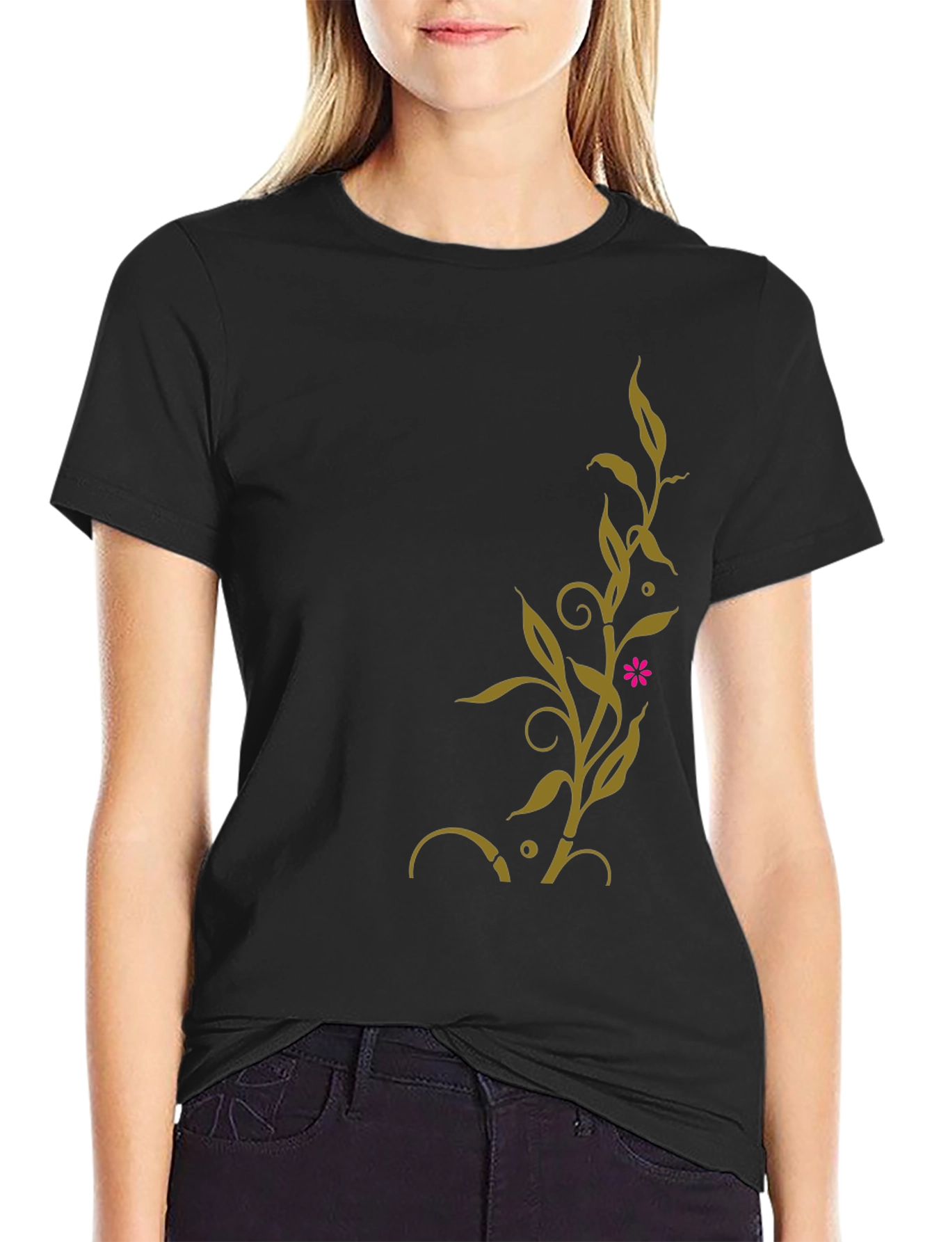 Black T-Shirt with Golden Floral Vine Design
