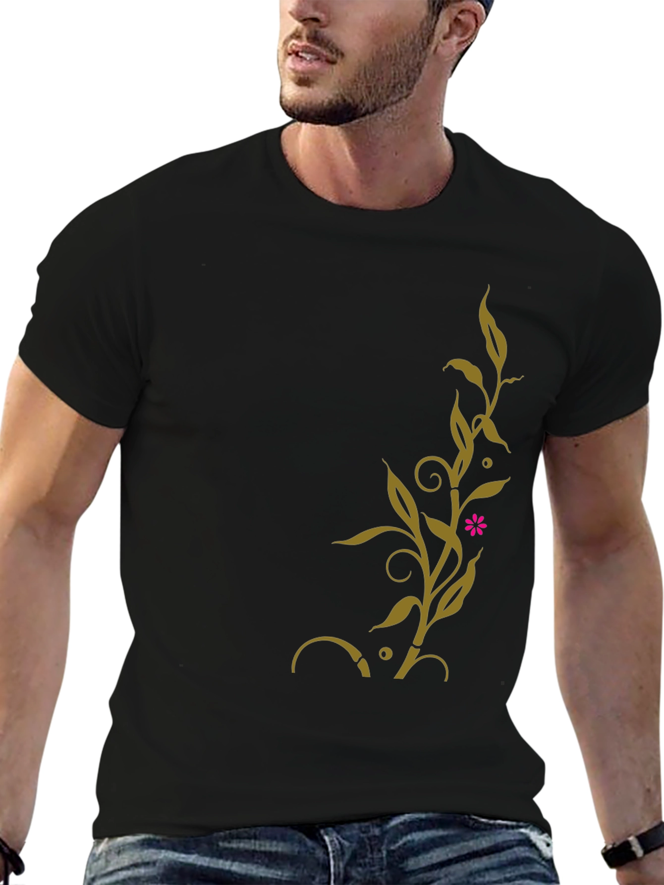 Black T-Shirt with Golden Floral Vine Design
