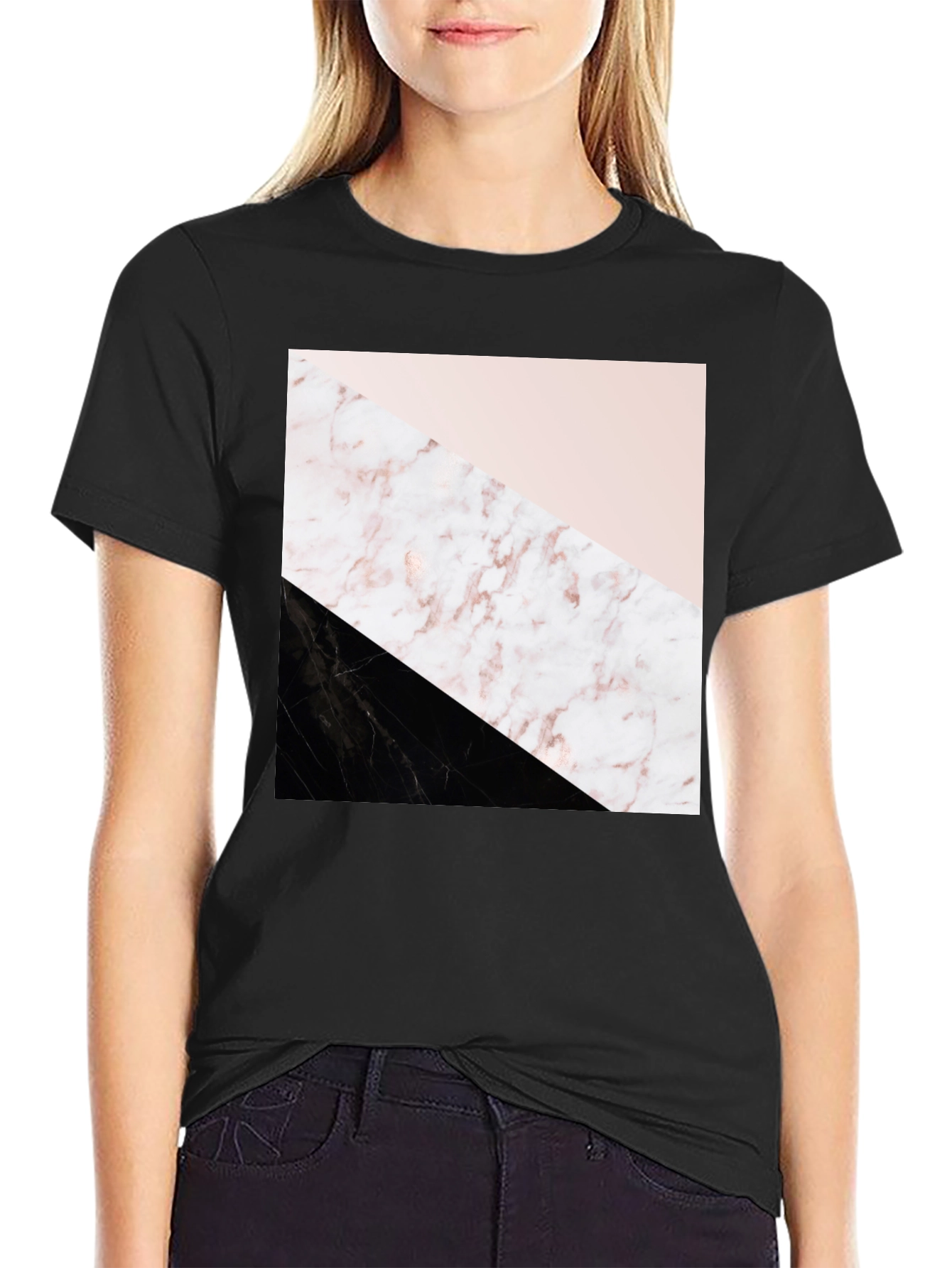 Modern Geometric Marble Print Black T-Shirt