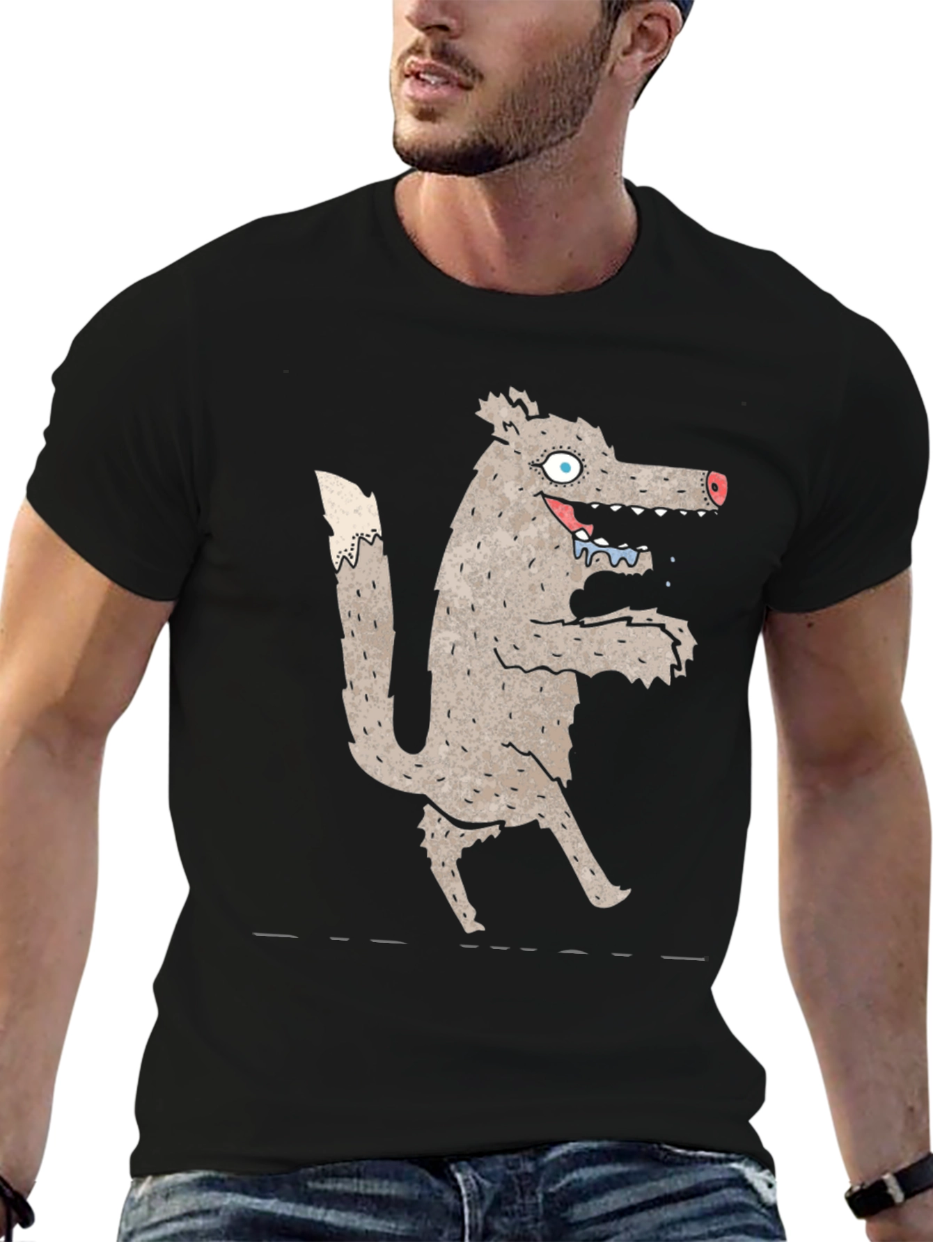 Cartoon Wolf Graphic Black T-Shirt