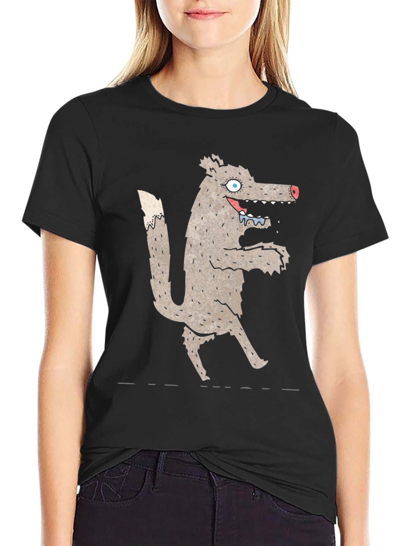 Cartoon Wolf Graphic Black T-Shirt