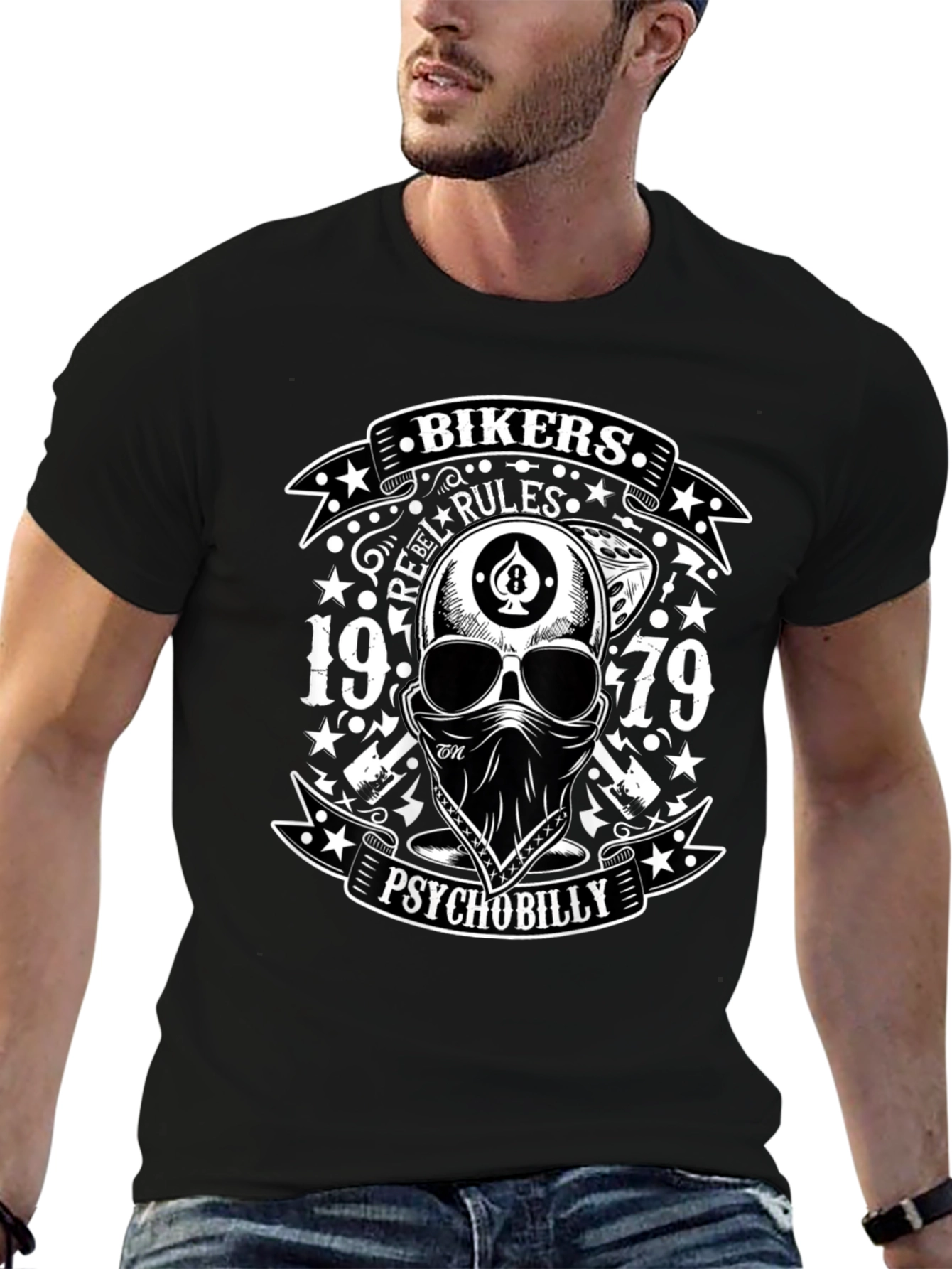Bikers Rebel Rules Psychobilly Skull T-Shirt