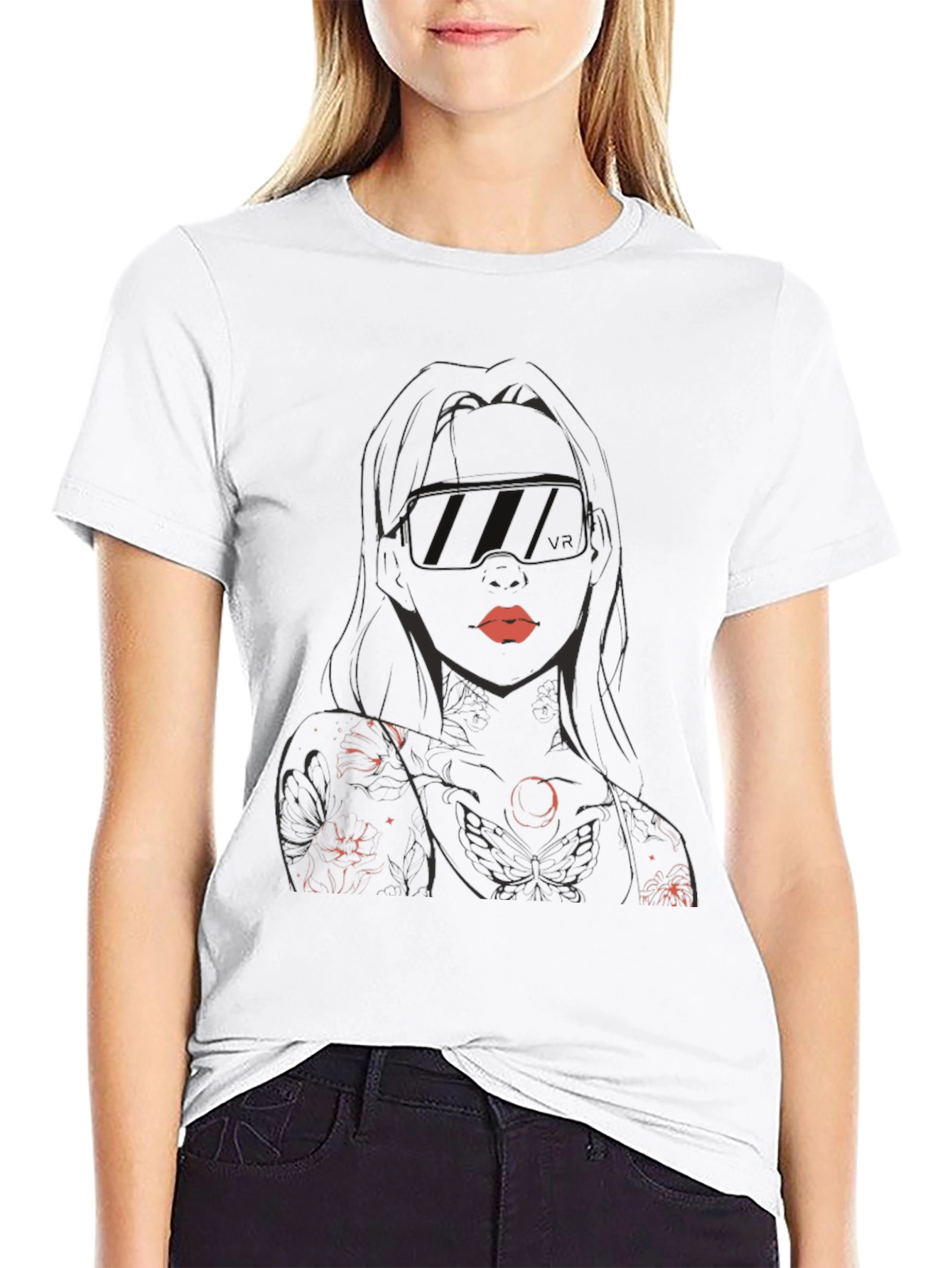 Graphic Tee - Womans Silhouette Red Lips Black Shirt