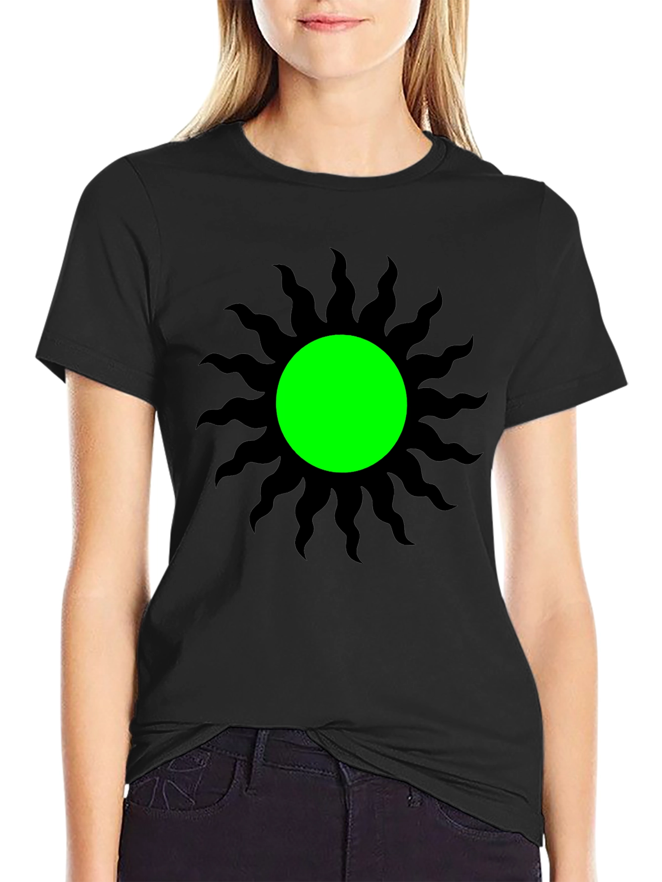 Black T-Shirt with Green Sun Graphic Tee