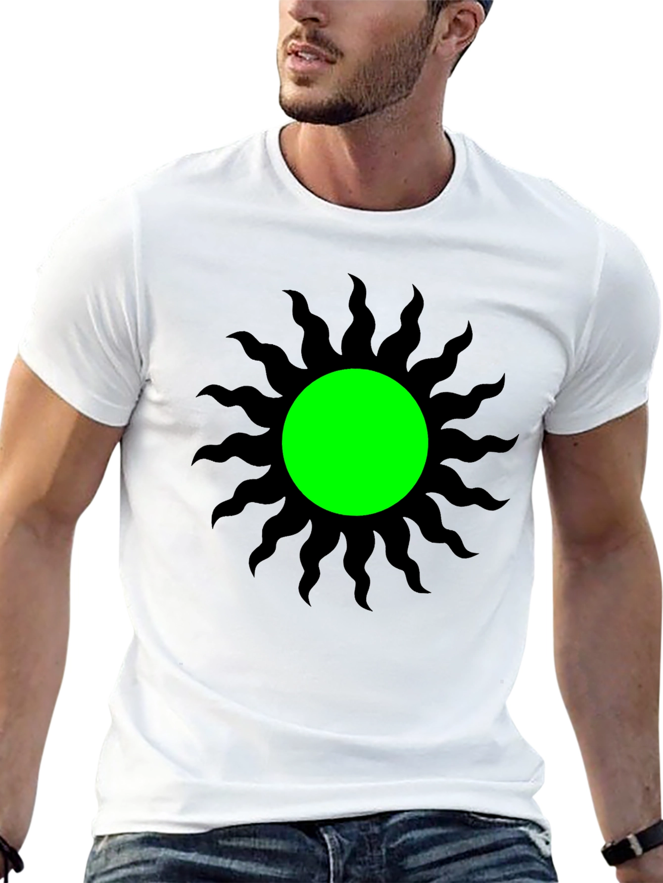 Black T-Shirt with Green Sun Graphic Tee