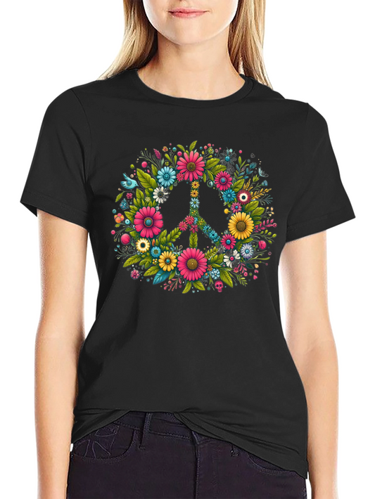 Floral Peace Sign Graphic Tee - Black