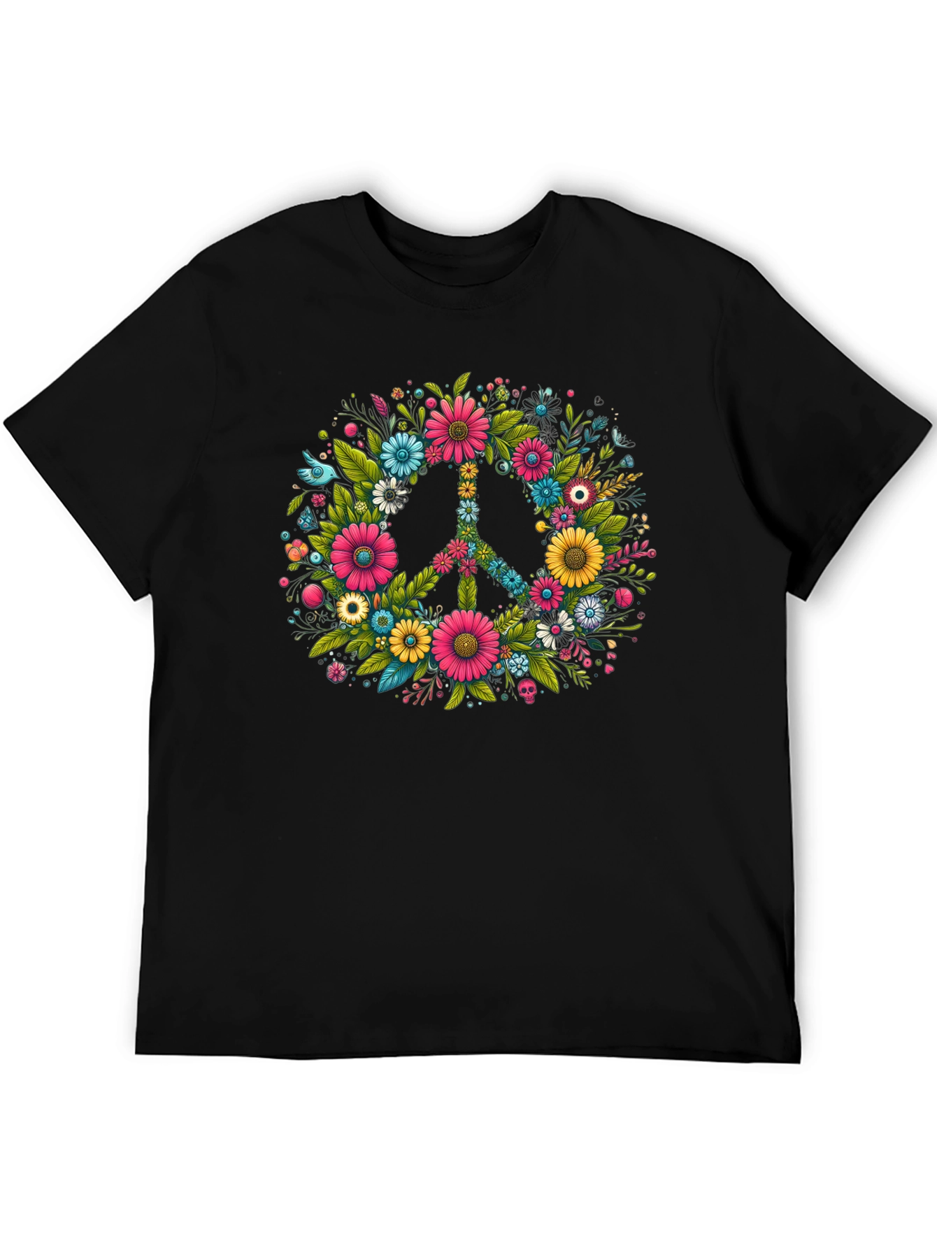 Floral Peace Sign Graphic Tee - Black