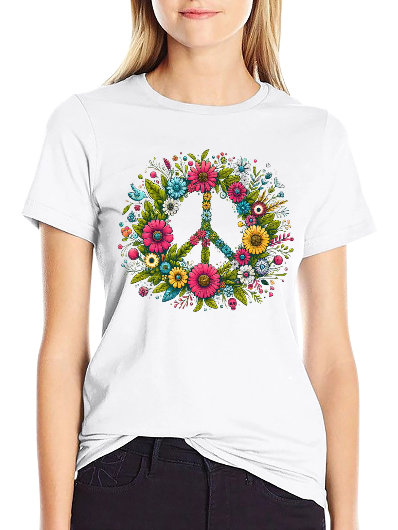 Floral Peace Sign Graphic Tee - Black