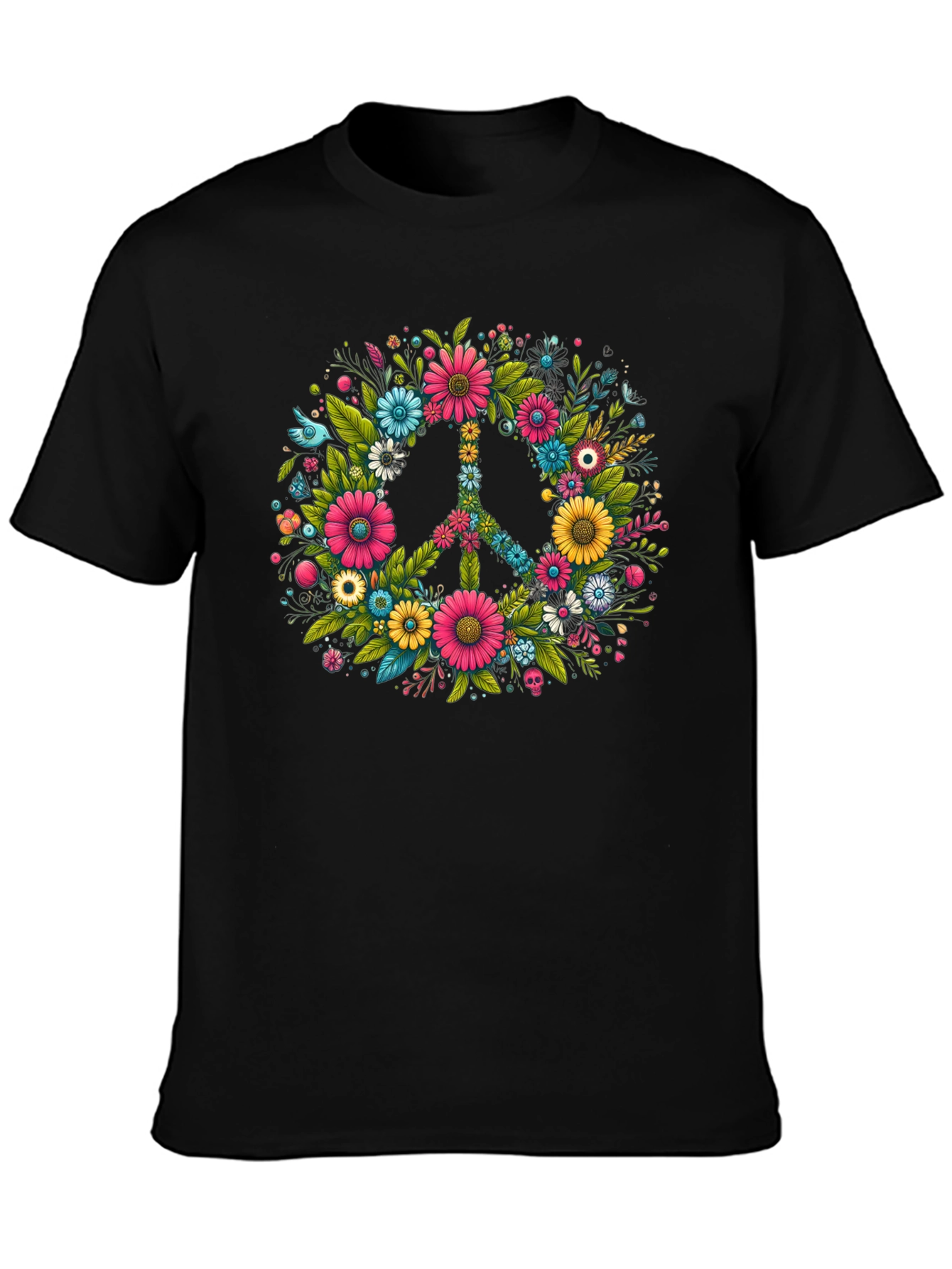 Floral Peace Sign Graphic Tee - Black