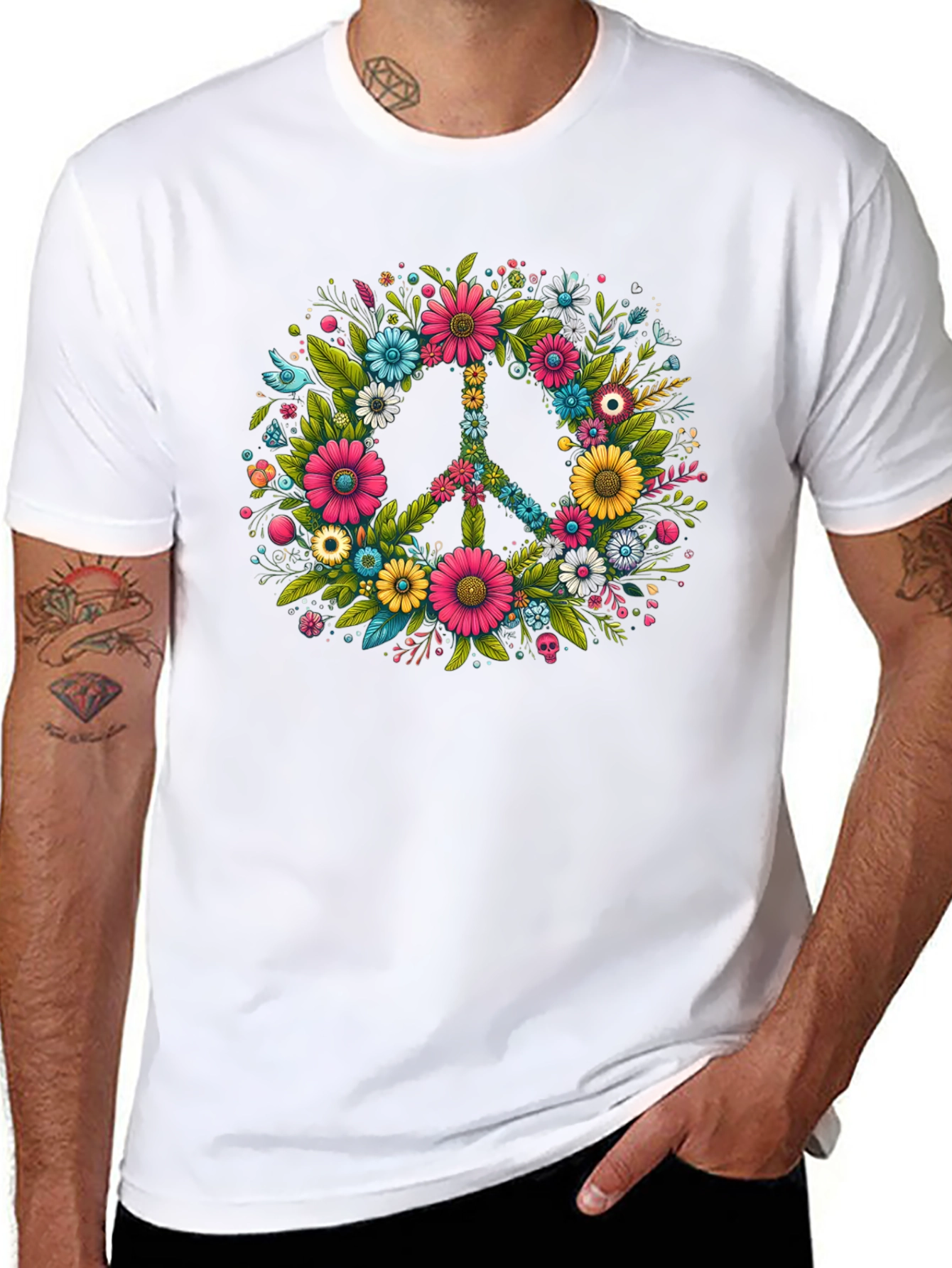 Floral Peace Sign Graphic Tee - Black