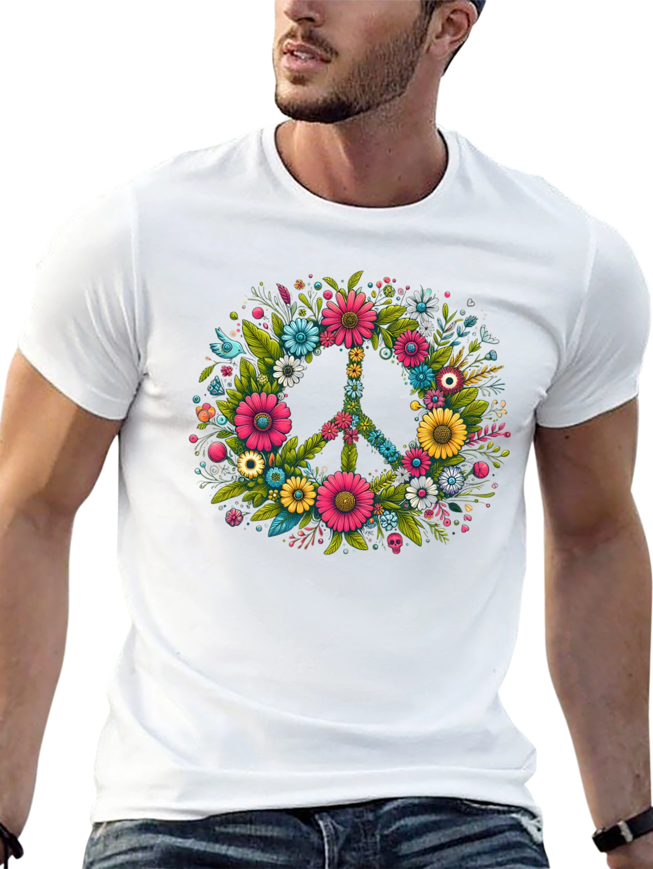 Floral Peace Sign Graphic Tee - Black