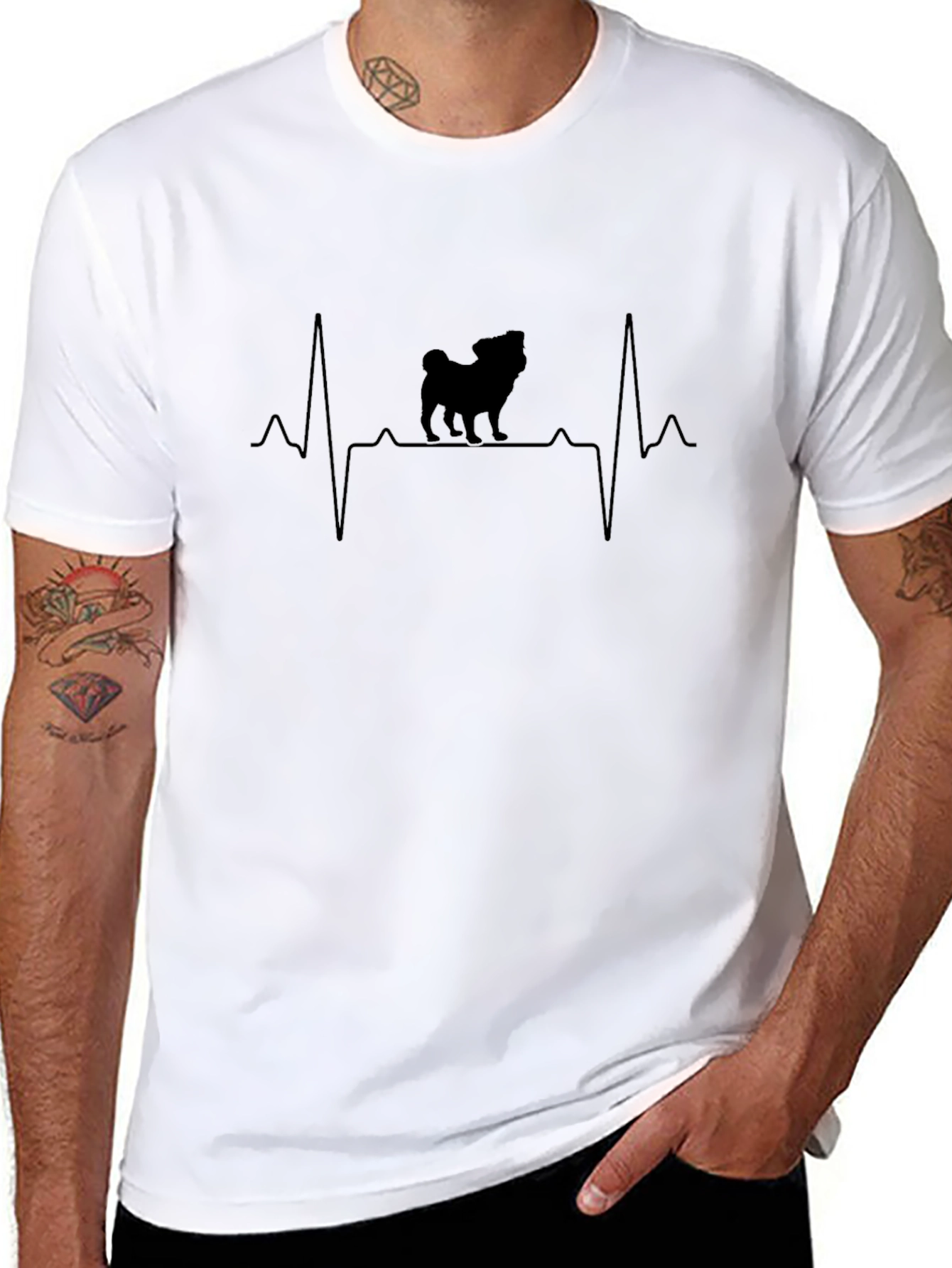 Pug Heartbeat Graphic T-Shirt - Black Cotton Tee