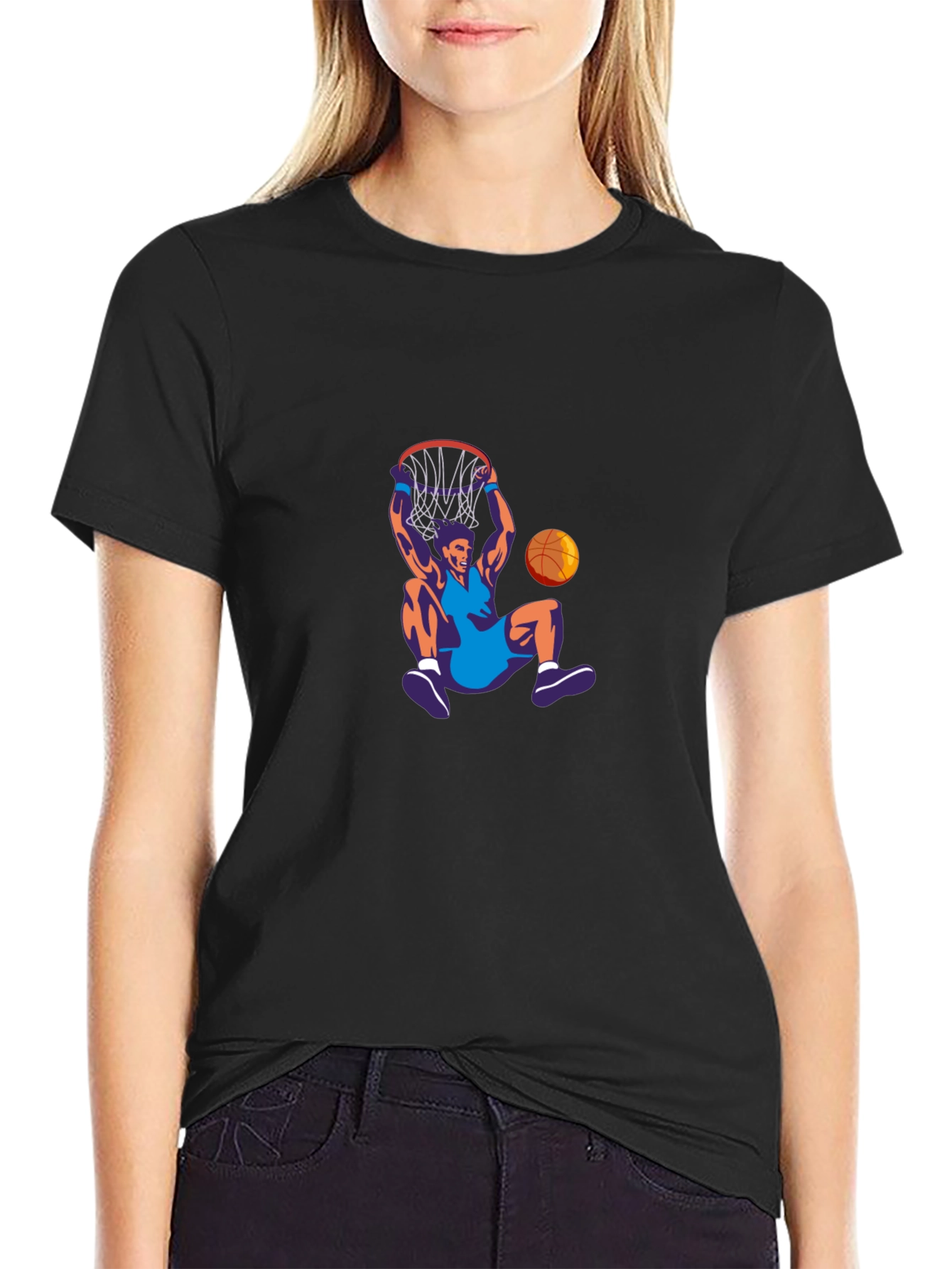 Basketball Dunk Graphic Tee - Black Crew Neck