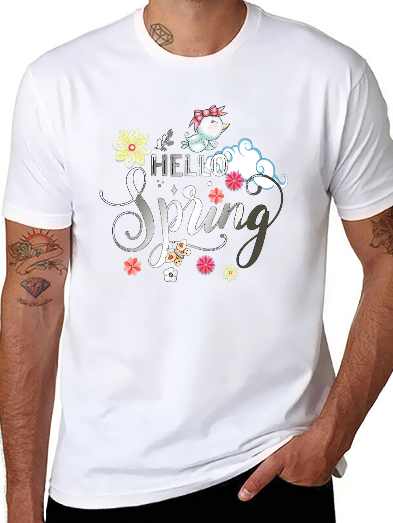 Hello Spring T-Shirt: Cute Bird & Floral Design