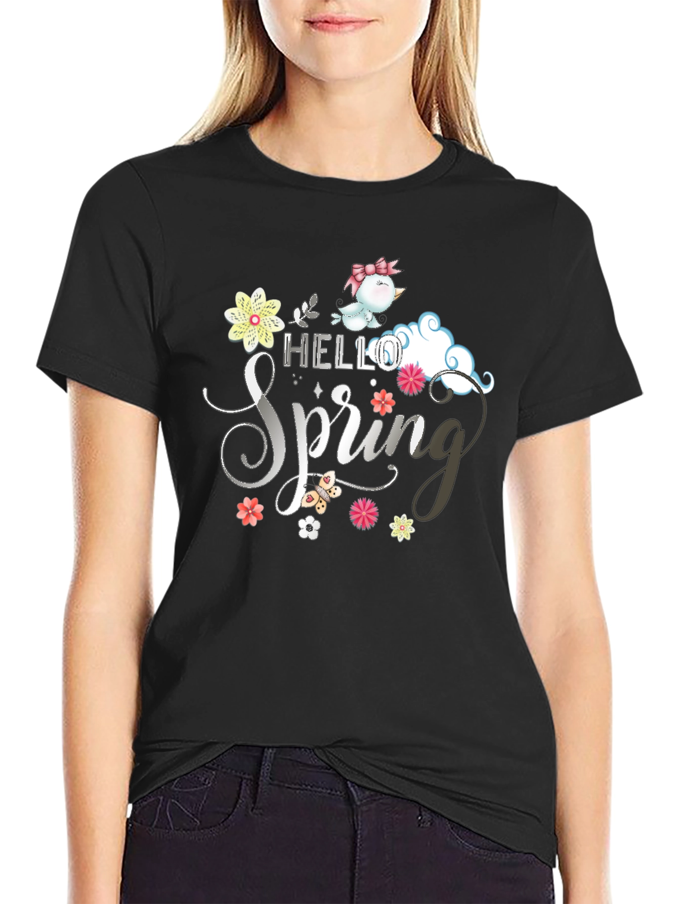 Hello Spring T-Shirt: Cute Bird & Floral Design