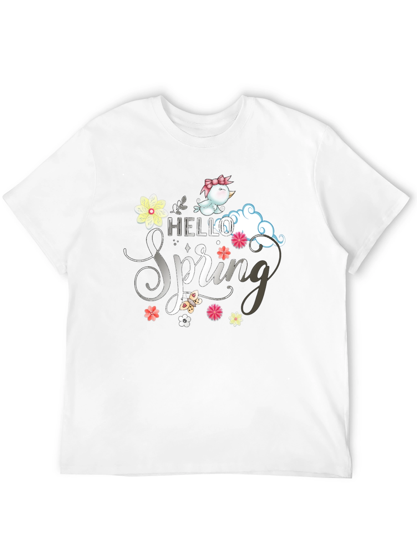 Hello Spring T-Shirt: Cute Bird & Floral Design