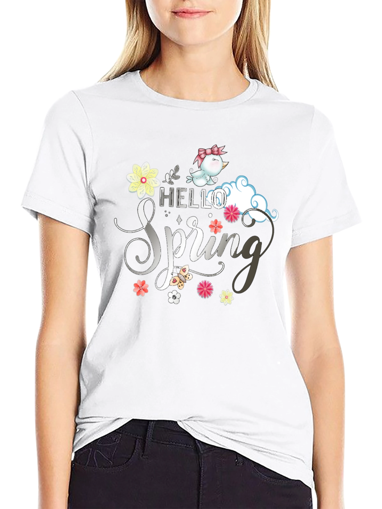 Hello Spring T-Shirt: Cute Bird & Floral Design