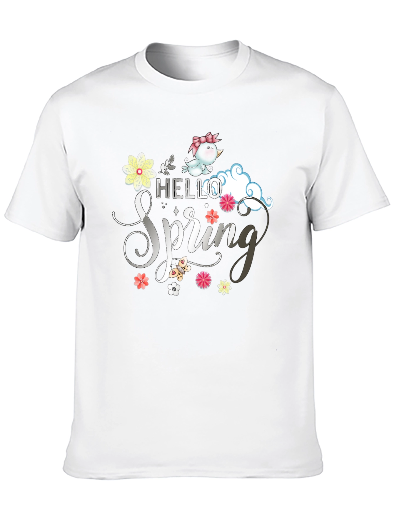 Hello Spring T-Shirt: Cute Bird & Floral Design