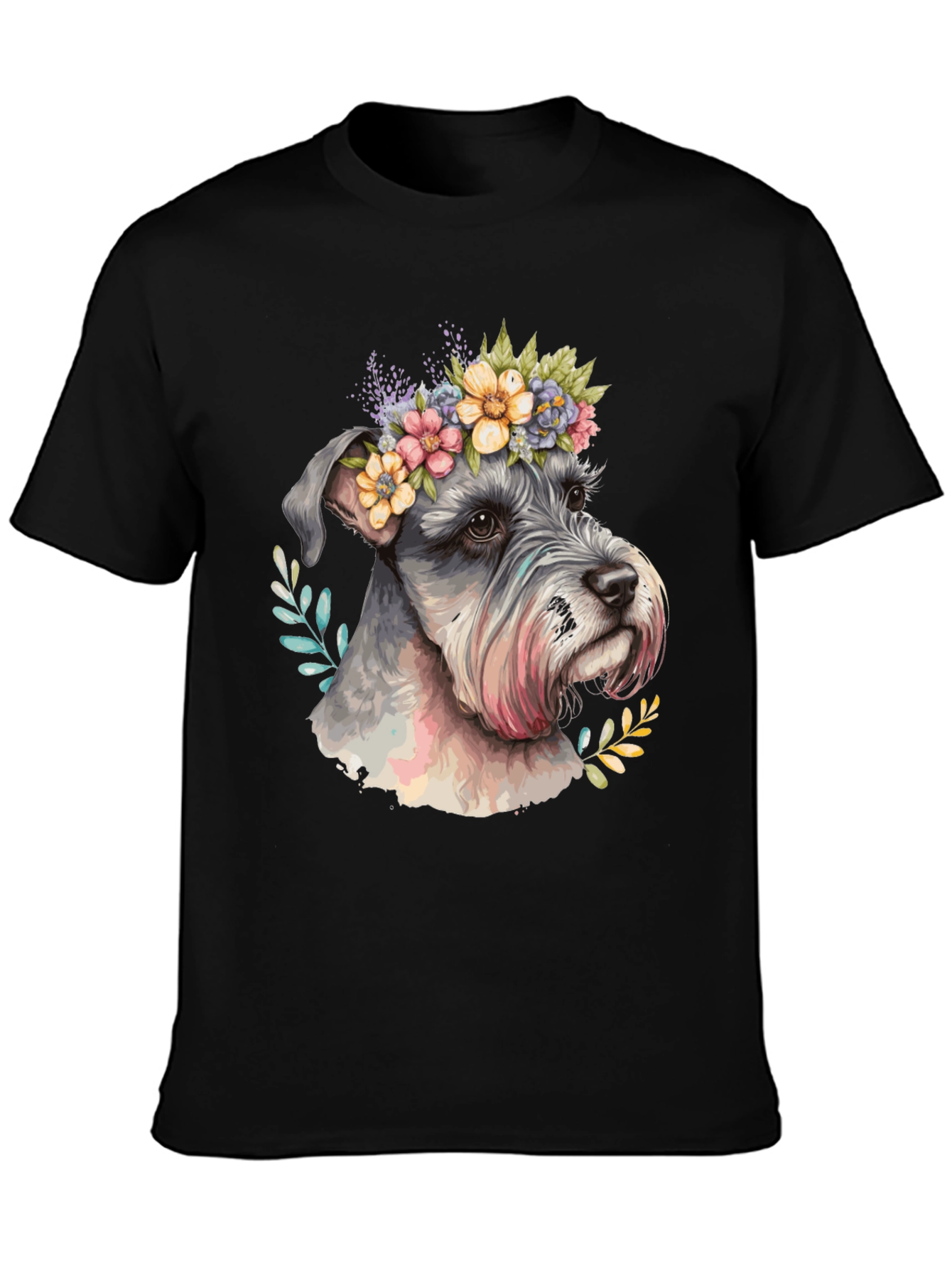 Dog with Floral Crown Mens Black T-Shirt