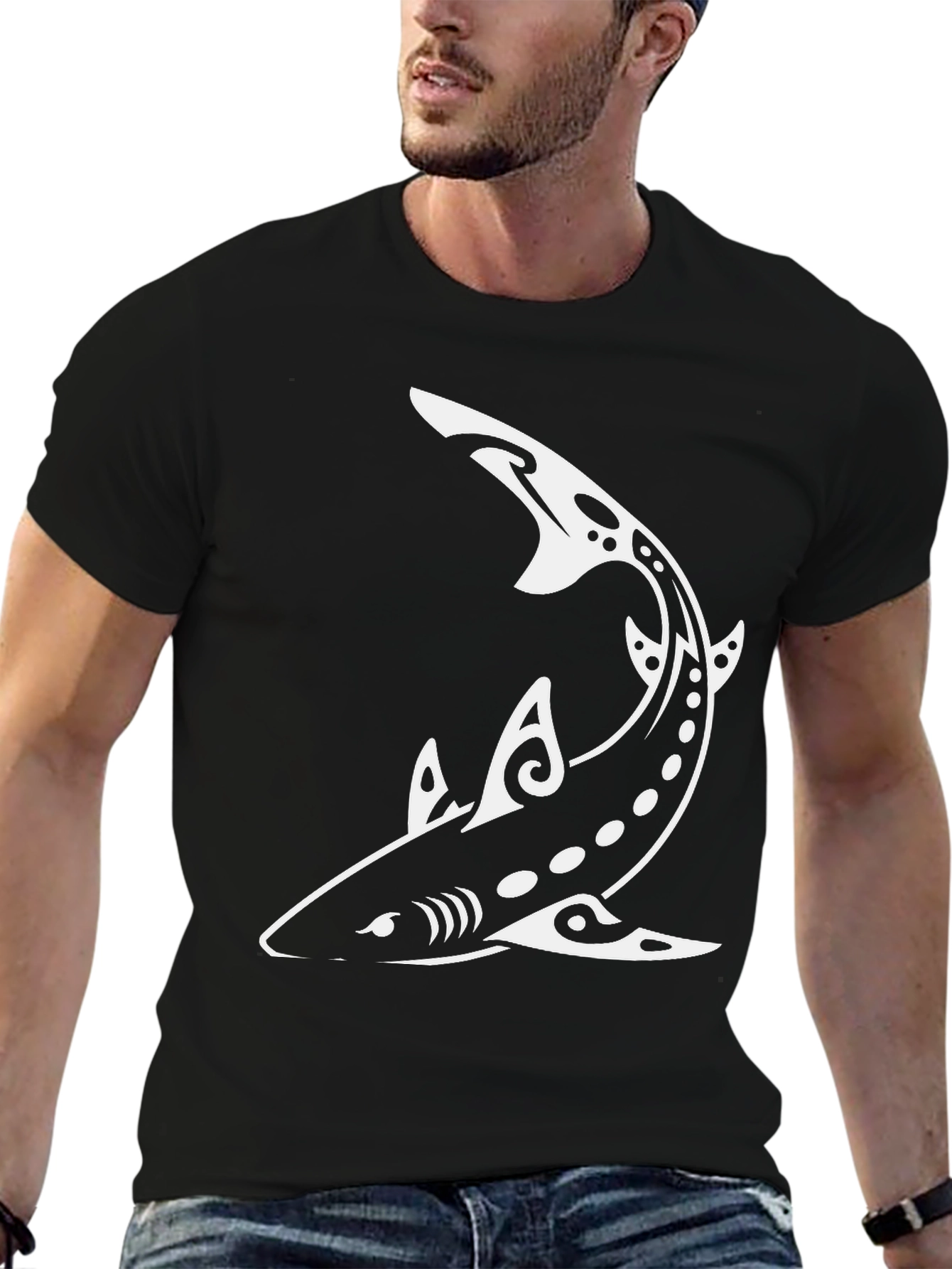 Shark Graphic Tee - Tribal Design Black T-Shirt