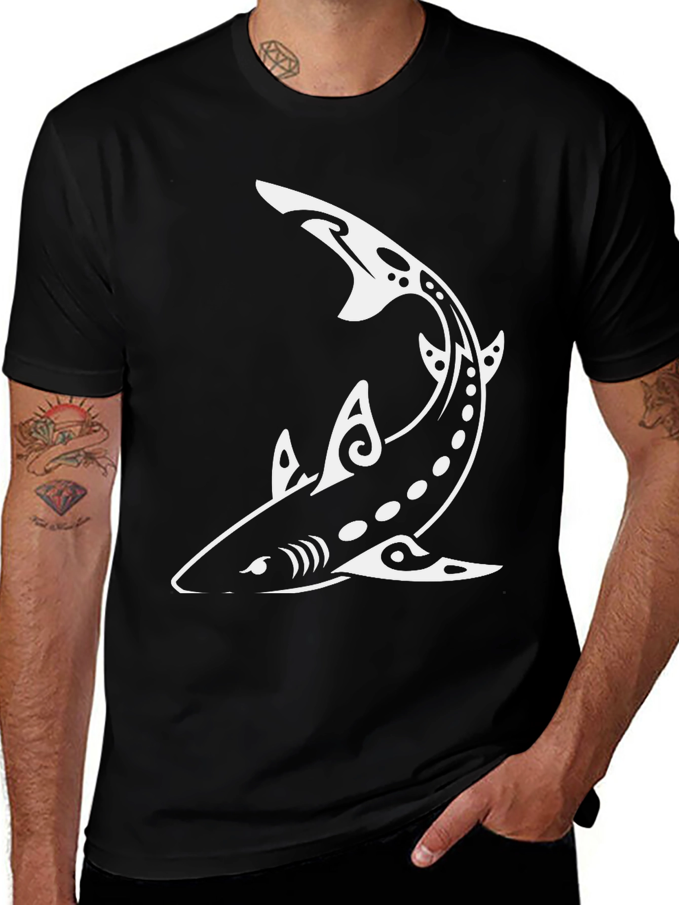 Shark Graphic Tee - Tribal Design Black T-Shirt