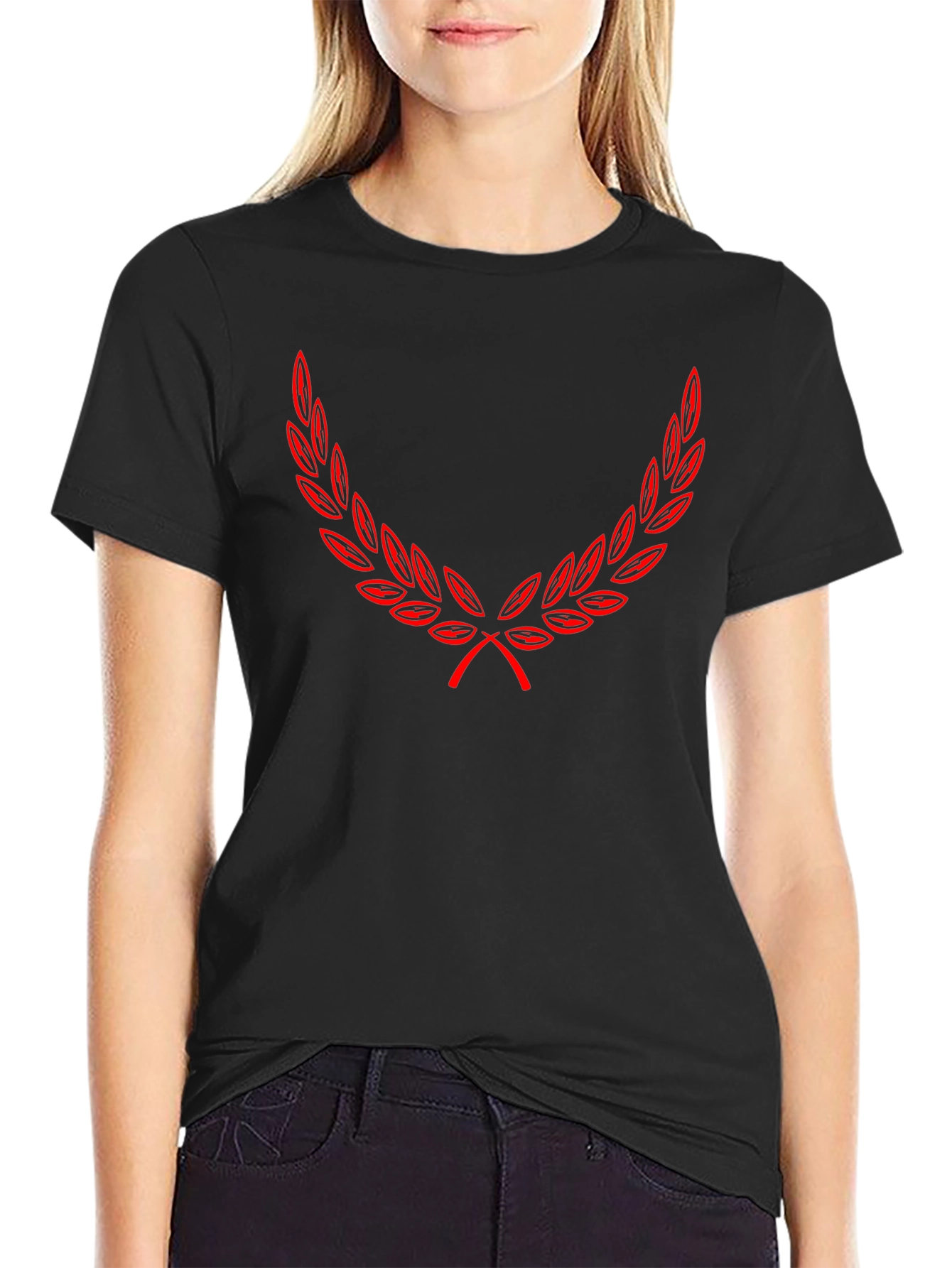 Black T-Shirt with Red Laurel Wreath Design