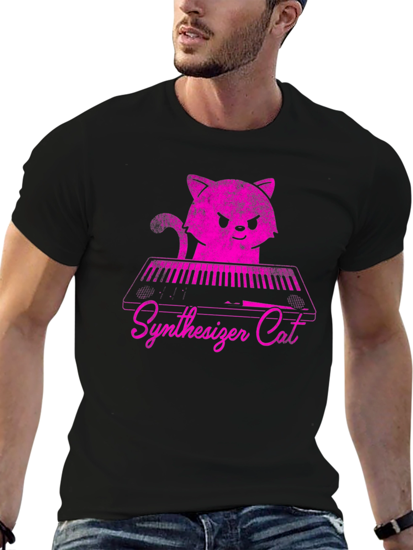 Synthesizer Cat T-Shirt - Pink Graphic Tee
