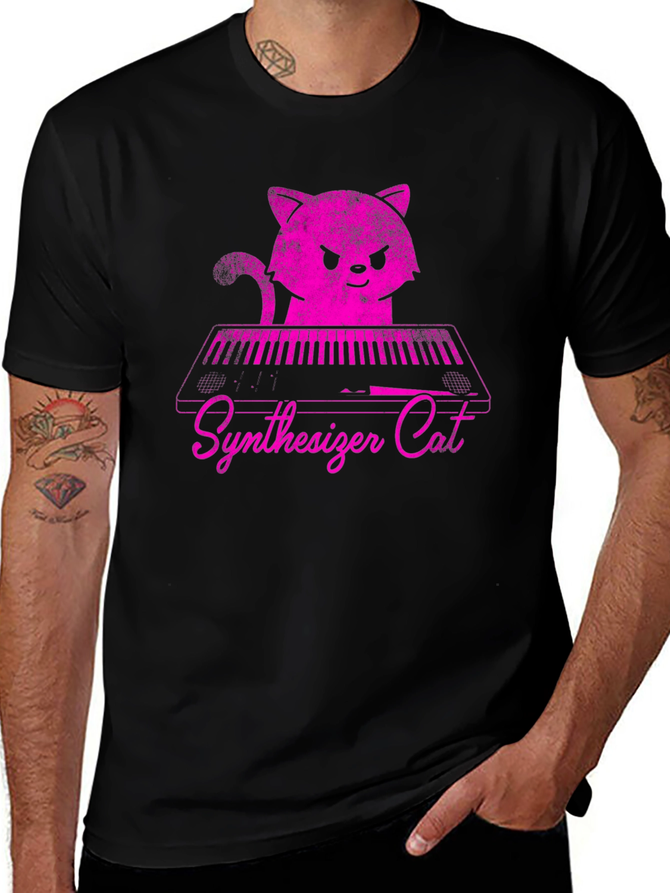 Synthesizer Cat T-Shirt - Pink Graphic Tee