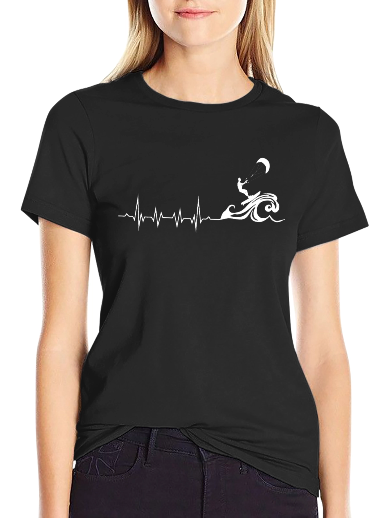 Kitesurfing Heartbeat Graphic Tee - Black Cotton Blend