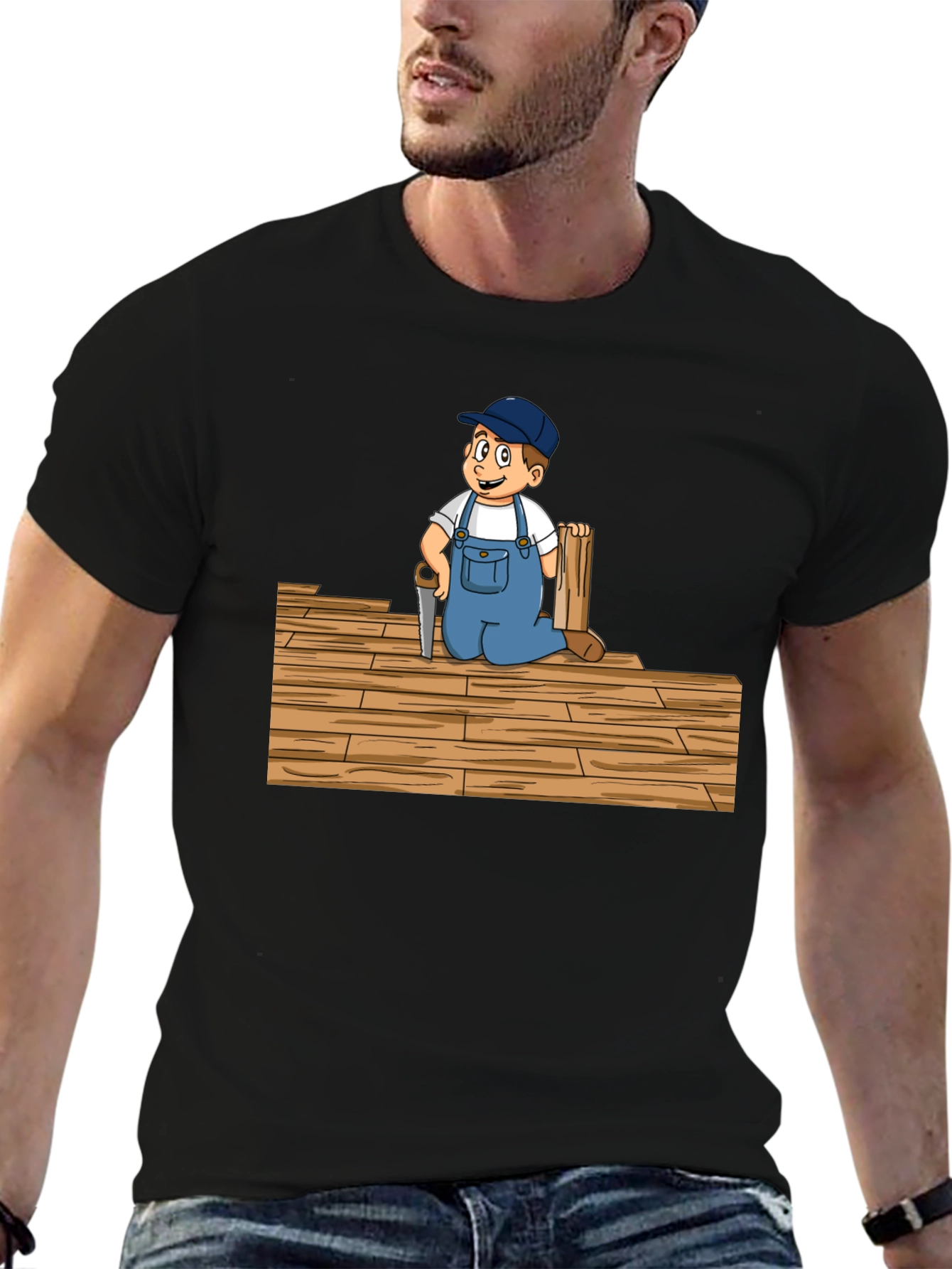 Carpenter Kid Cartoon Black T-Shirt