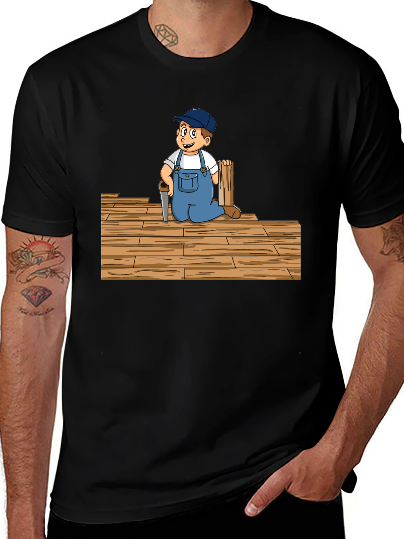 Carpenter Kid Cartoon Black T-Shirt
