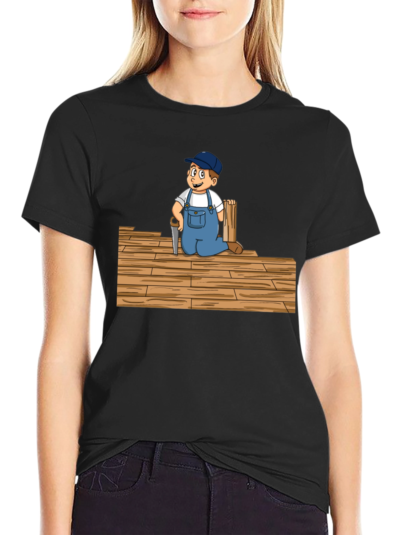 Carpenter Kid Cartoon Black T-Shirt