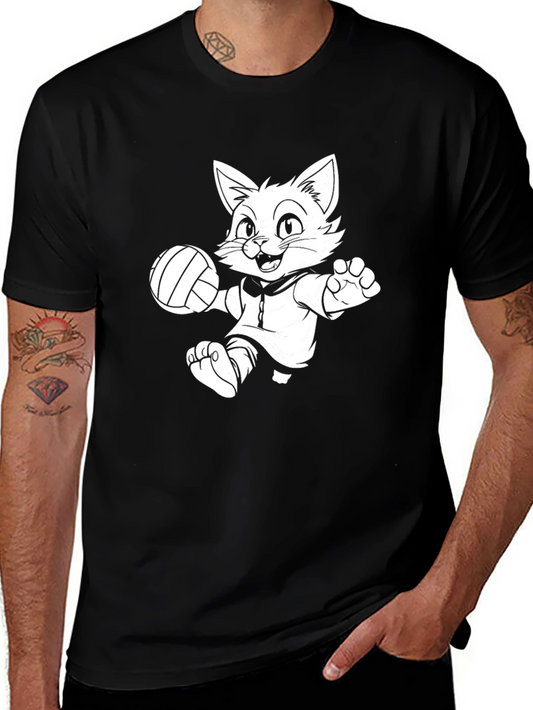 Volleyball Cat T-Shirt - Black Cotton Tee