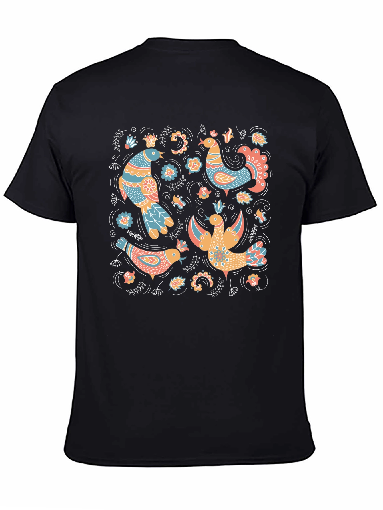 Folksy Bird Print Black T-Shirt