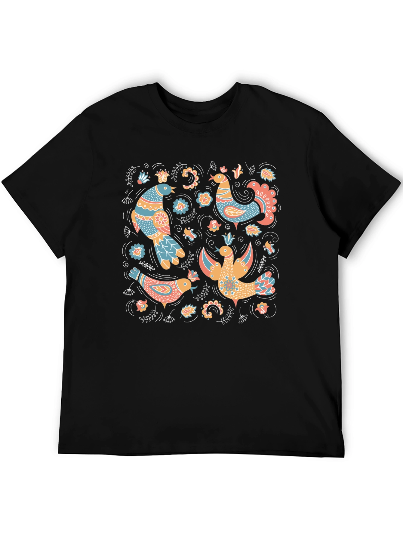 Folksy Bird Print Black T-Shirt