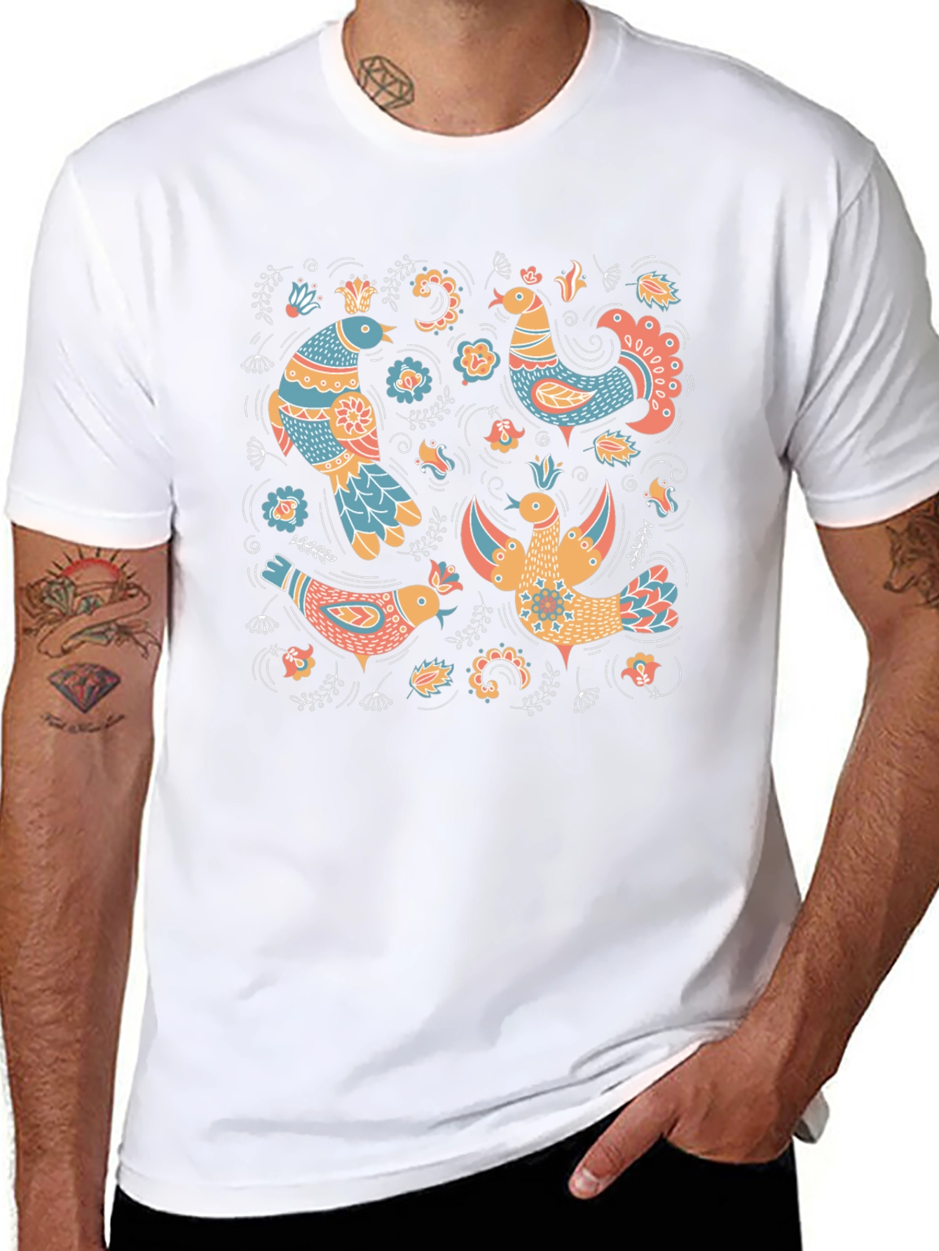 Folksy Bird Print Black T-Shirt