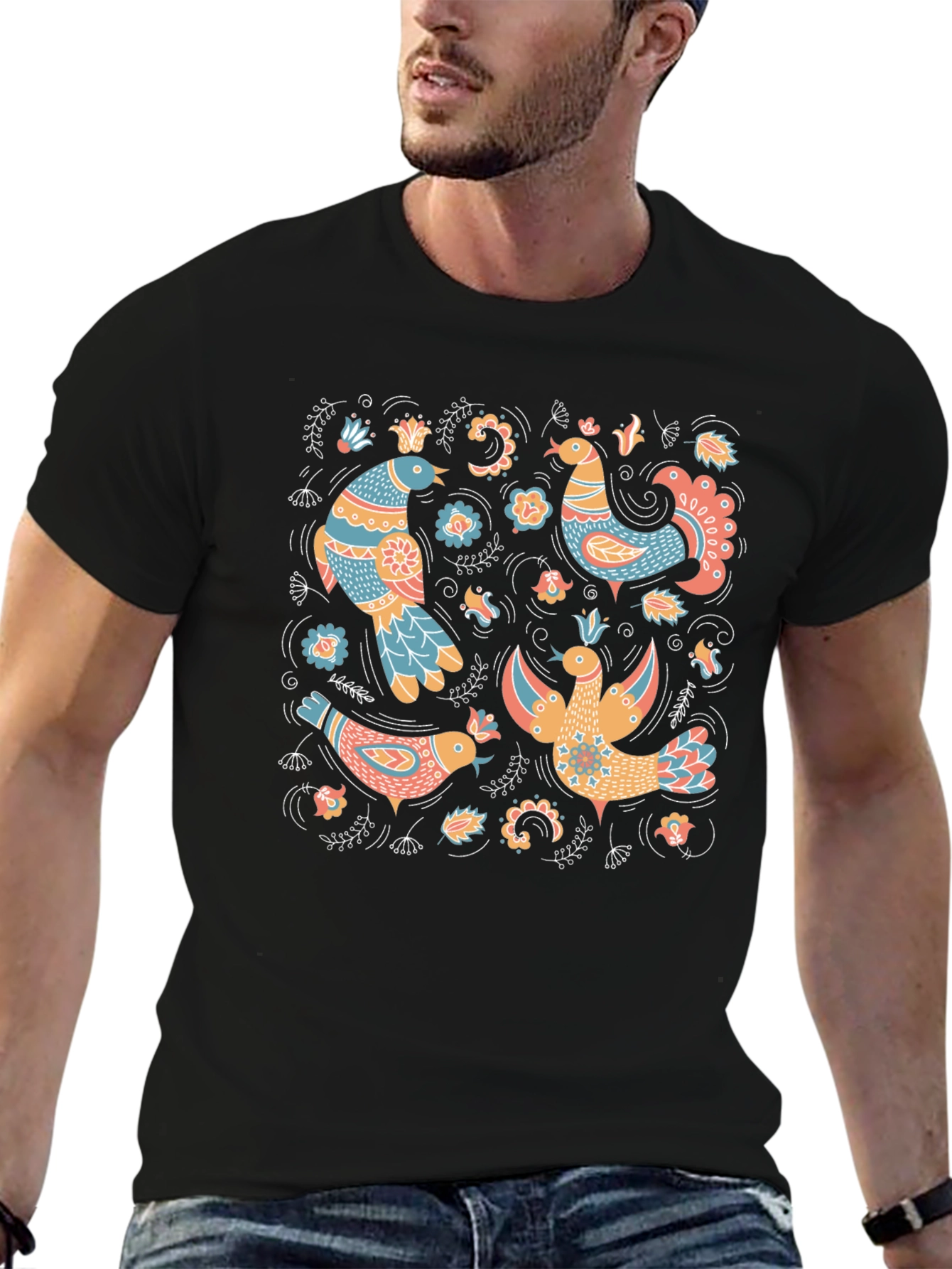 Folksy Bird Print Black T-Shirt