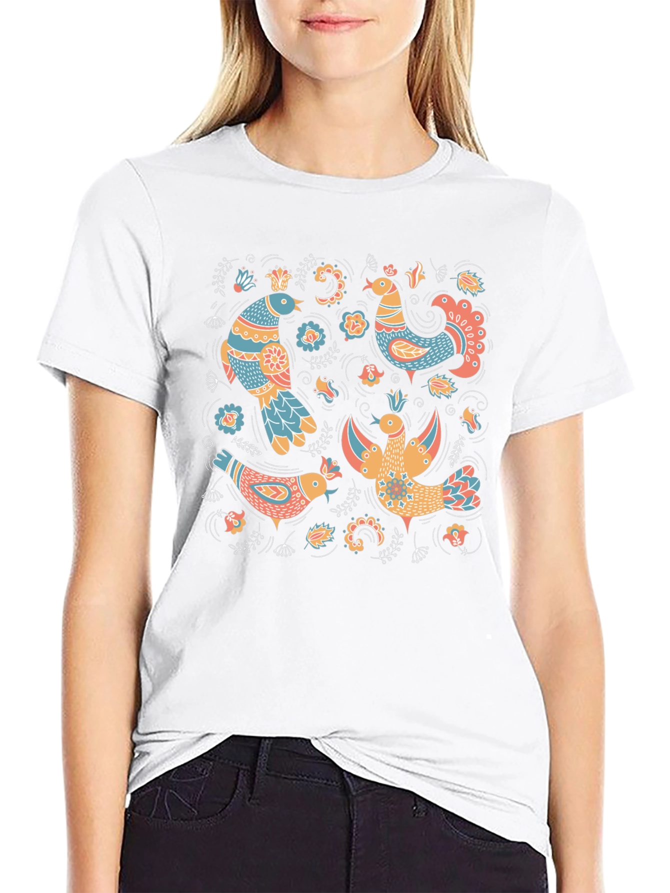 Folksy Bird Print Black T-Shirt