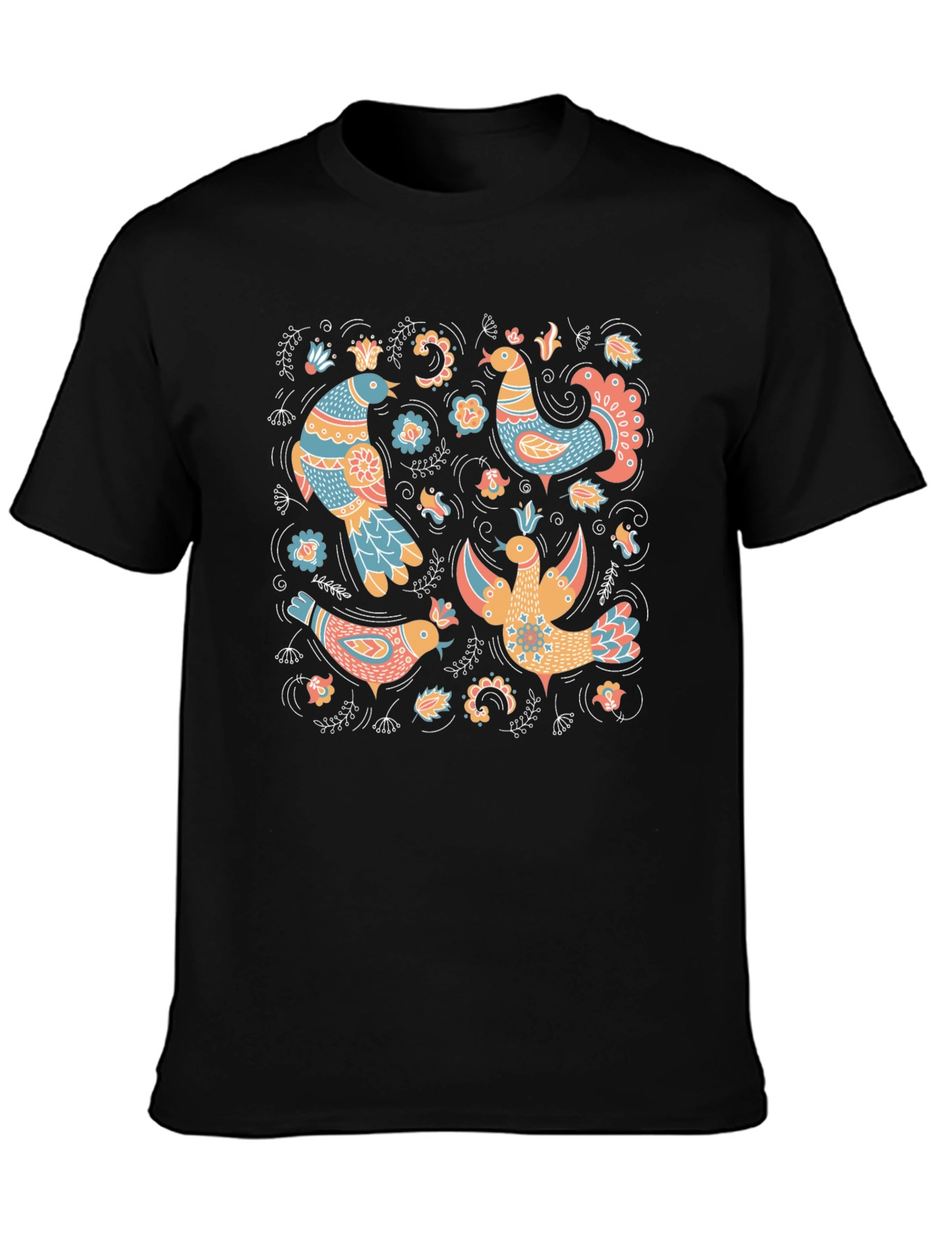 Folksy Bird Print Black T-Shirt