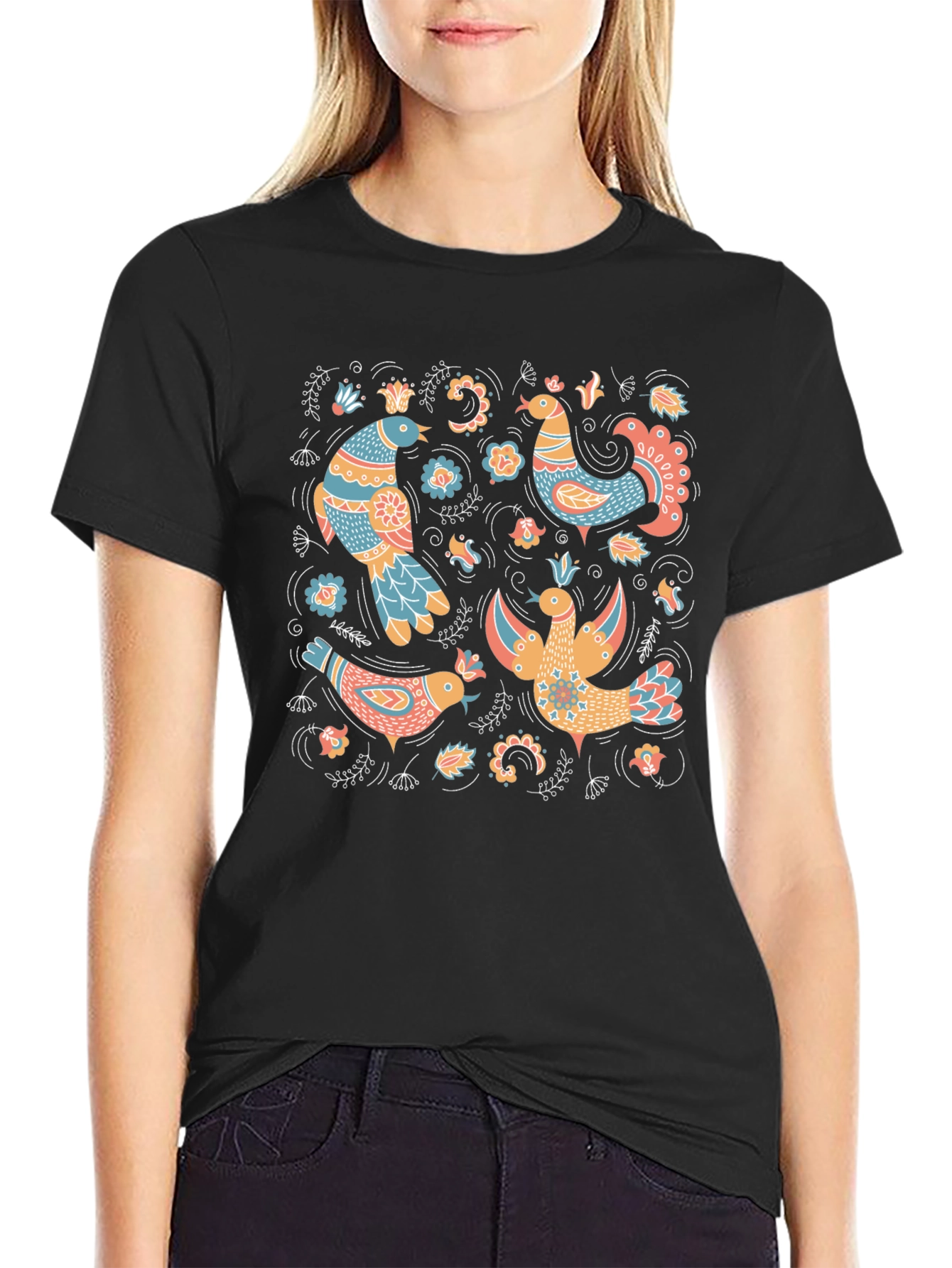 Folksy Bird Print Black T-Shirt