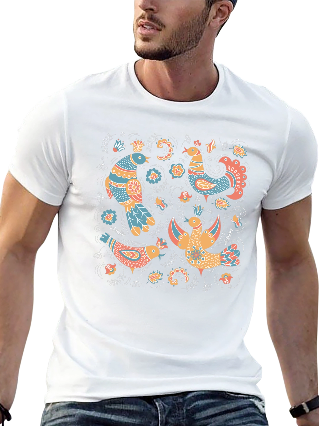 Folksy Bird Print Black T-Shirt