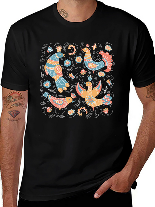 Folksy Bird Print Black T-Shirt