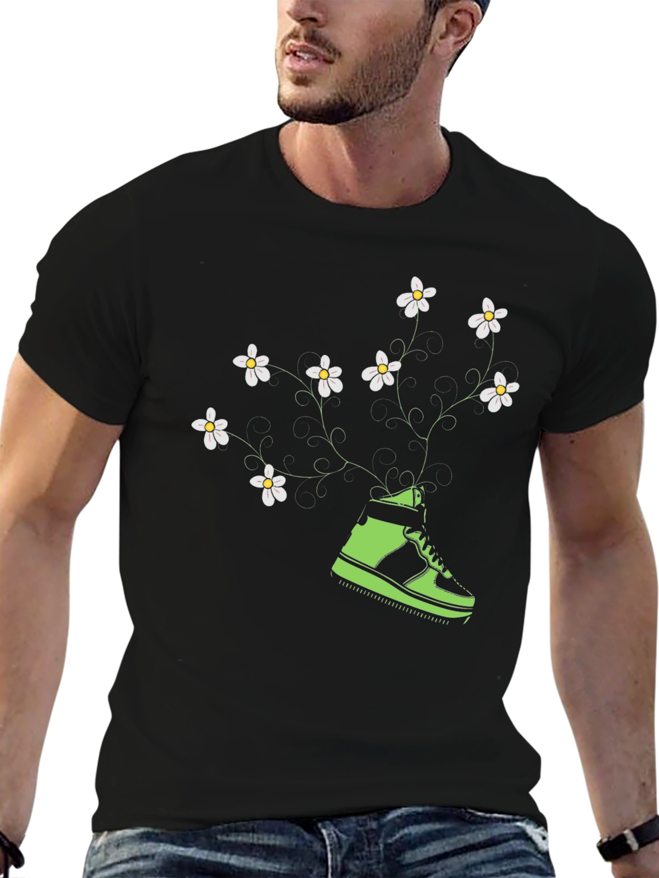 Floral Sneaker Graphic Tee - Black Cotton Blend