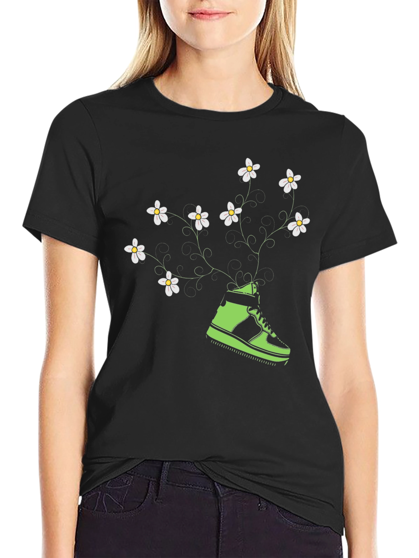 Floral Sneaker Graphic Tee - Black Cotton Blend