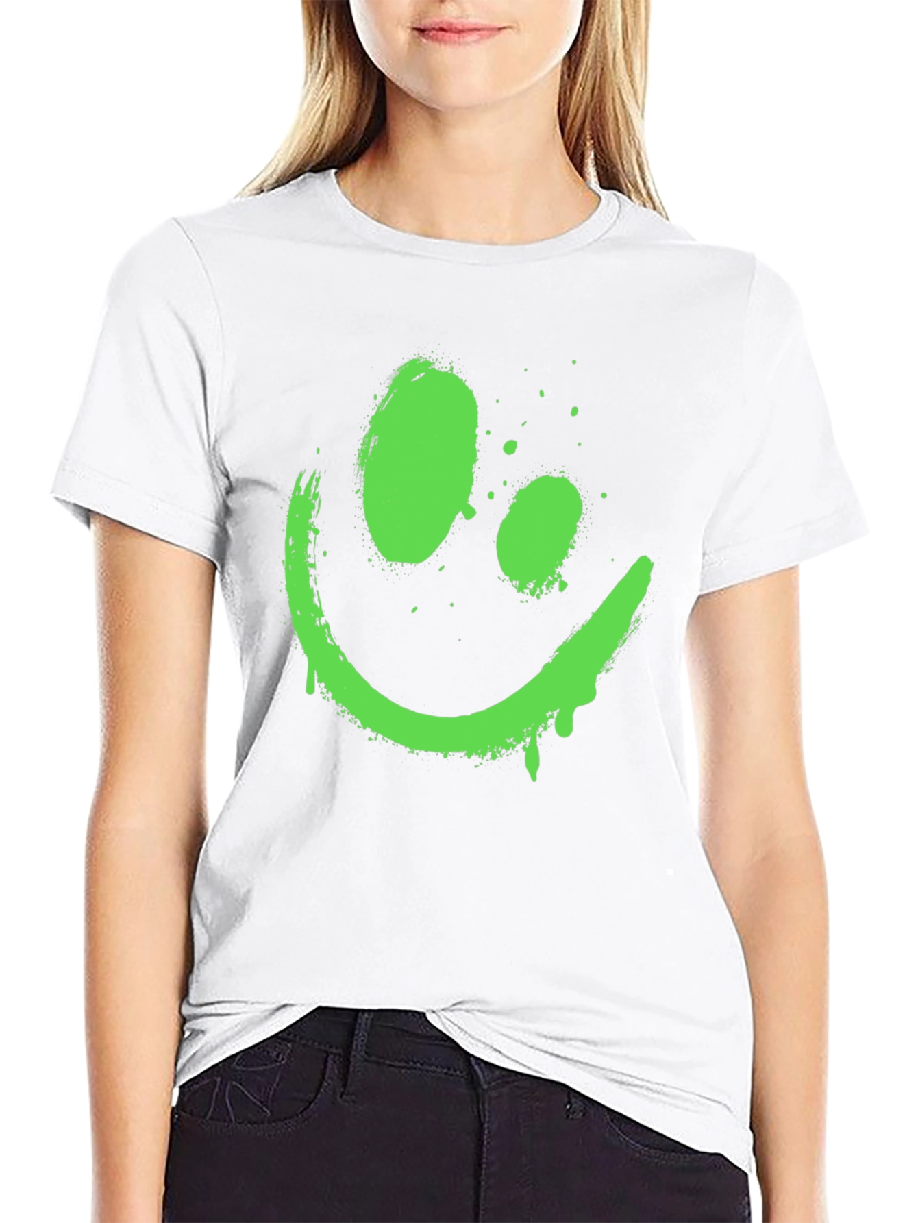 Neon Green Smiley Face Graphic Black T-Shirt
